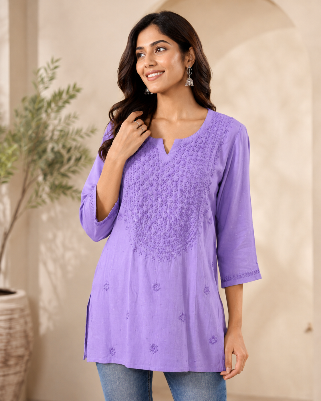 Premium Lavender Rayon Chikankari Short Kurti for Women