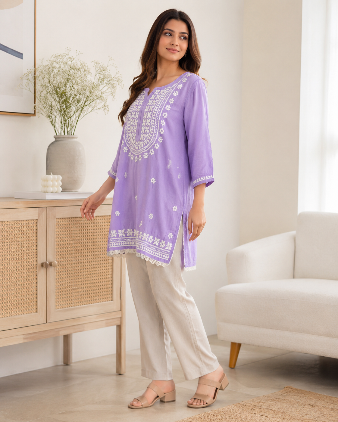 Premium Lavender Rayon Chikankari Short Kurti for Women
