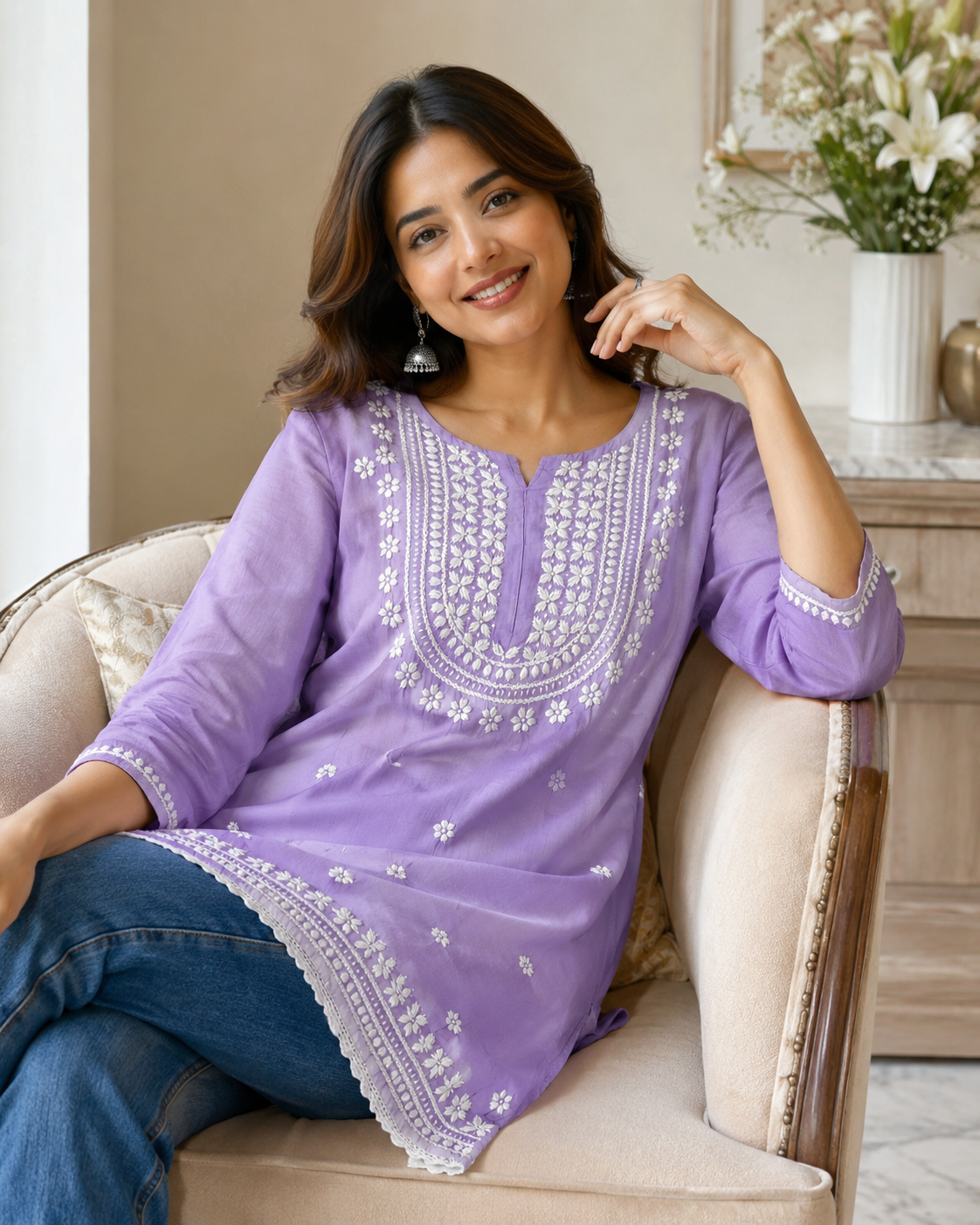 Premium Lavender Rayon Chikankari Short Kurti for Women