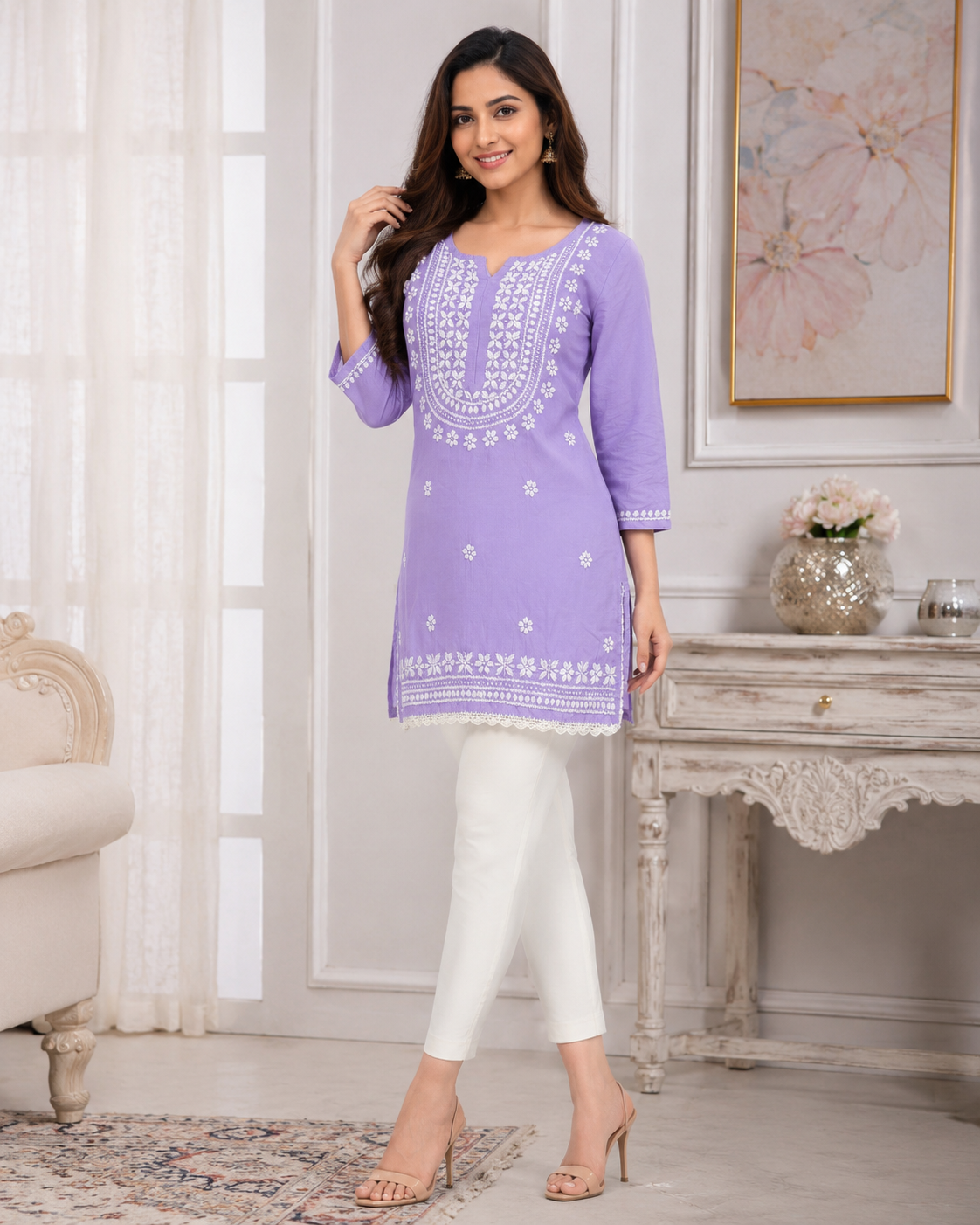 Premium Lavender Rayon Chikankari Short Kurti for Women