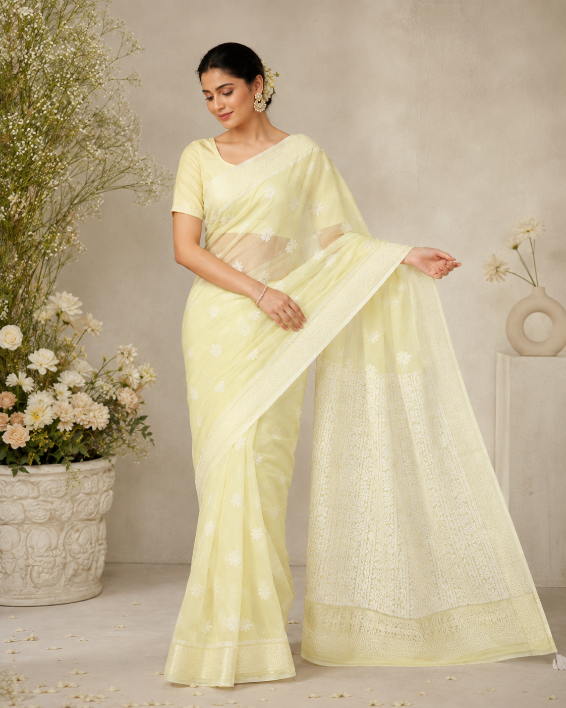 Premium Lemon Yellow Sheer Chikankari Embroidered Saree
