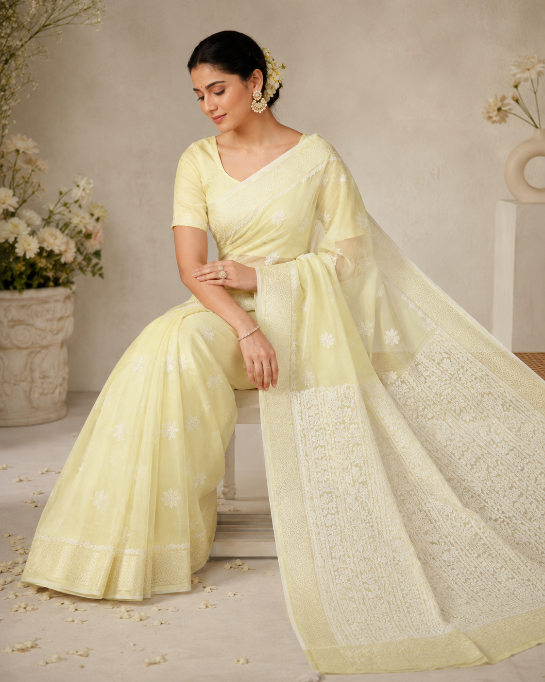 Premium Lemon Yellow Sheer Chikankari Embroidered Saree