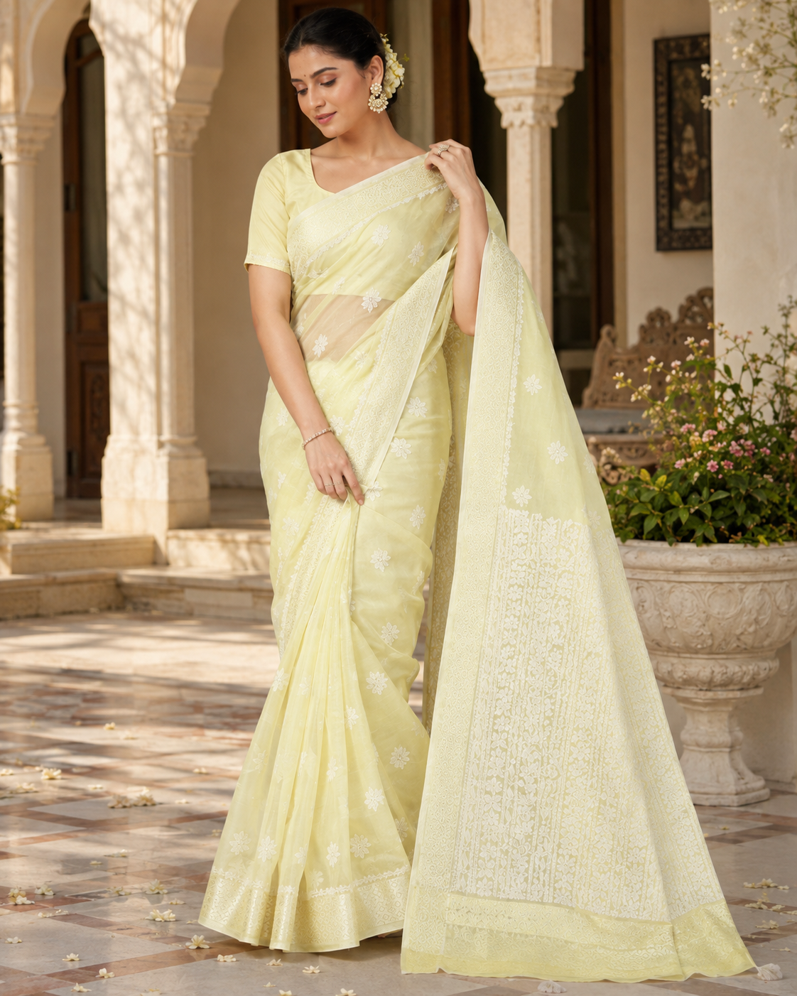 Premium Lemon Yellow Sheer Chikankari Embroidered Saree