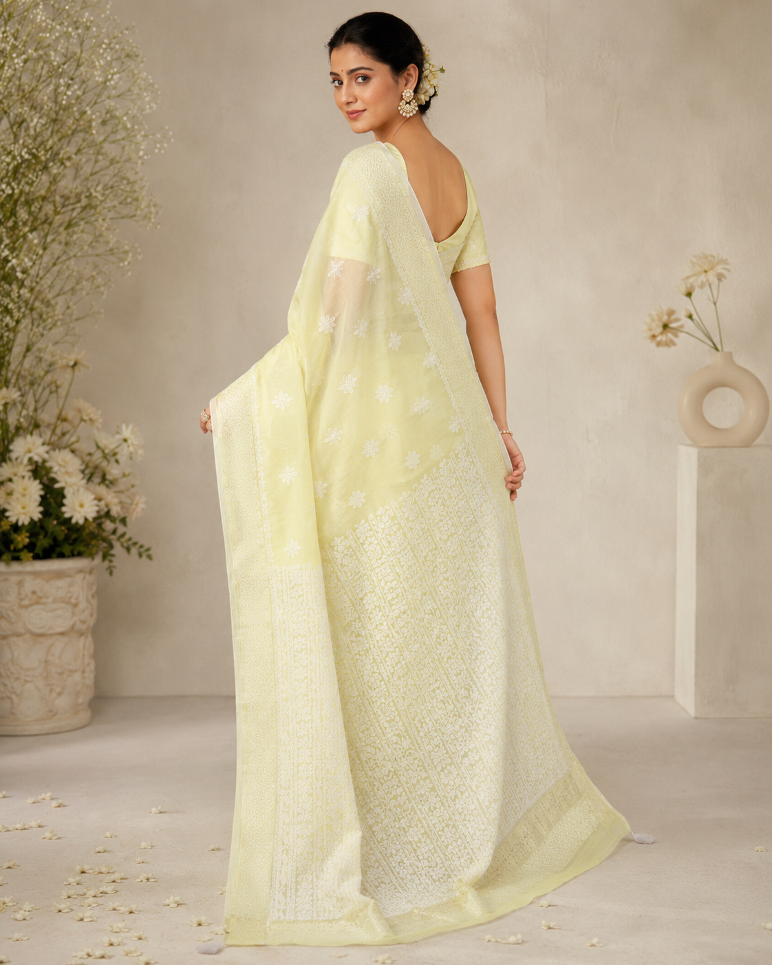 Premium Lemon Yellow Sheer Chikankari Embroidered Saree