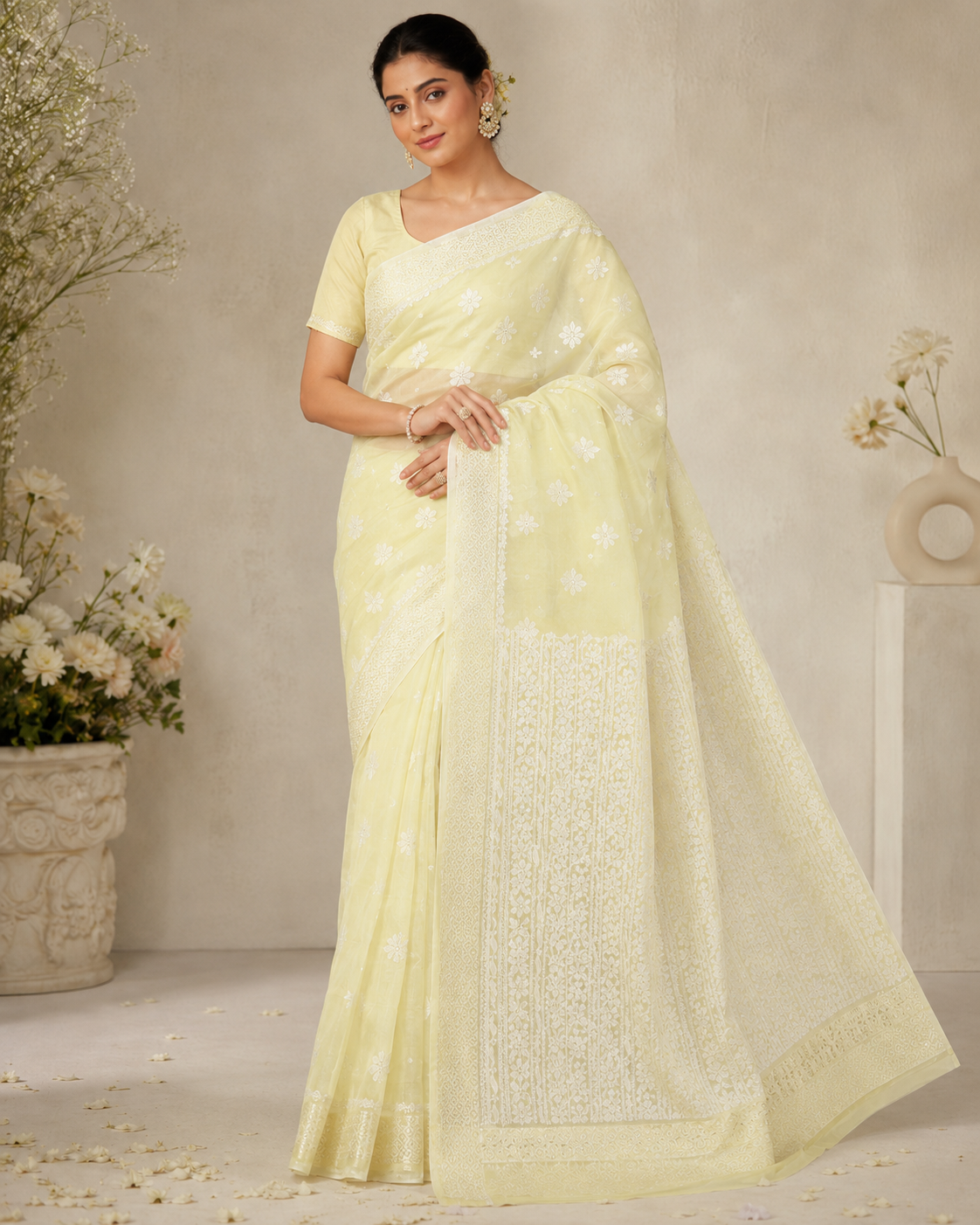 Premium Lemon Yellow Sheer Chikankari Embroidered Saree