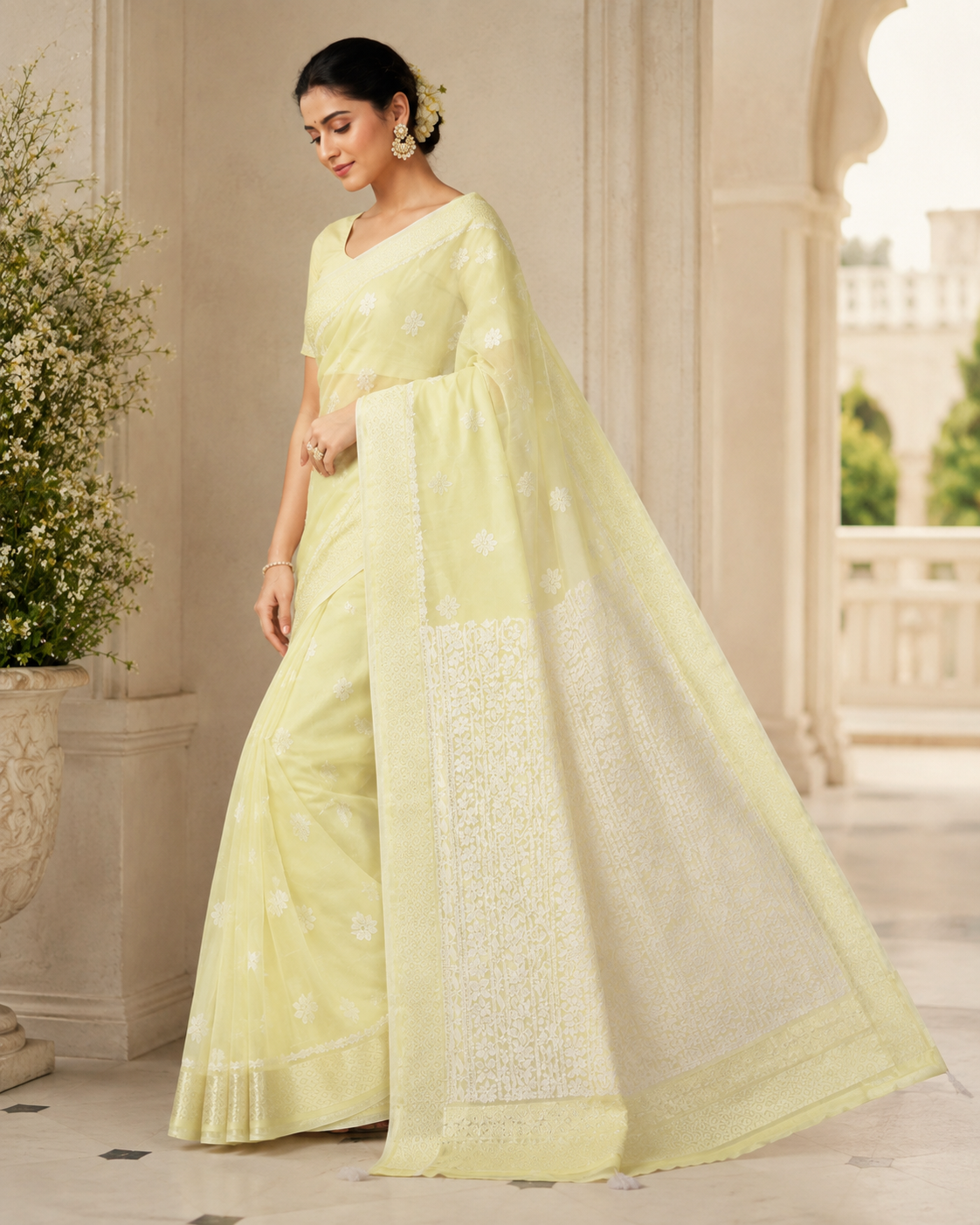 Premium Lemon Yellow Sheer Chikankari Embroidered Saree
