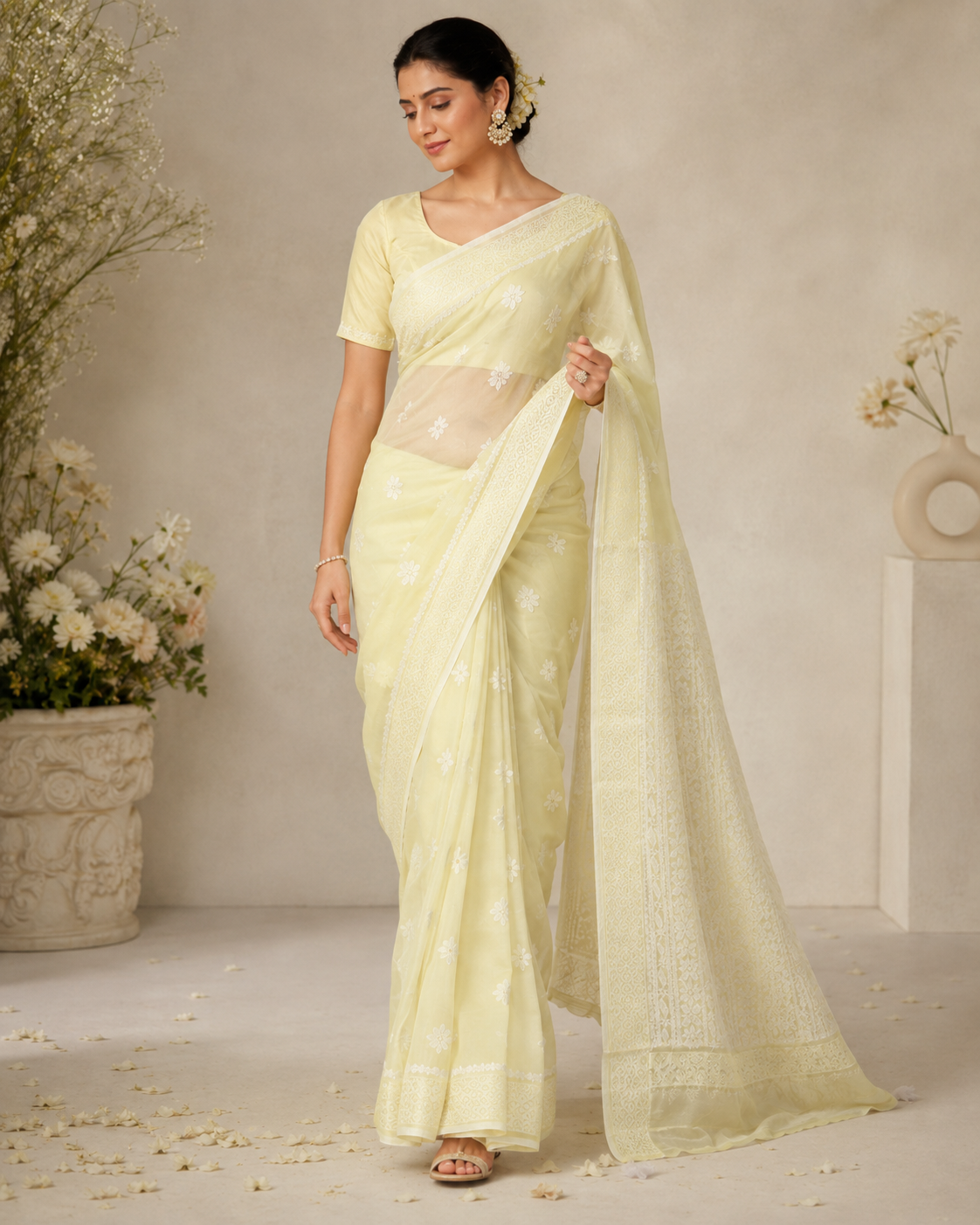 Premium Lemon Yellow Sheer Chikankari Embroidered Saree