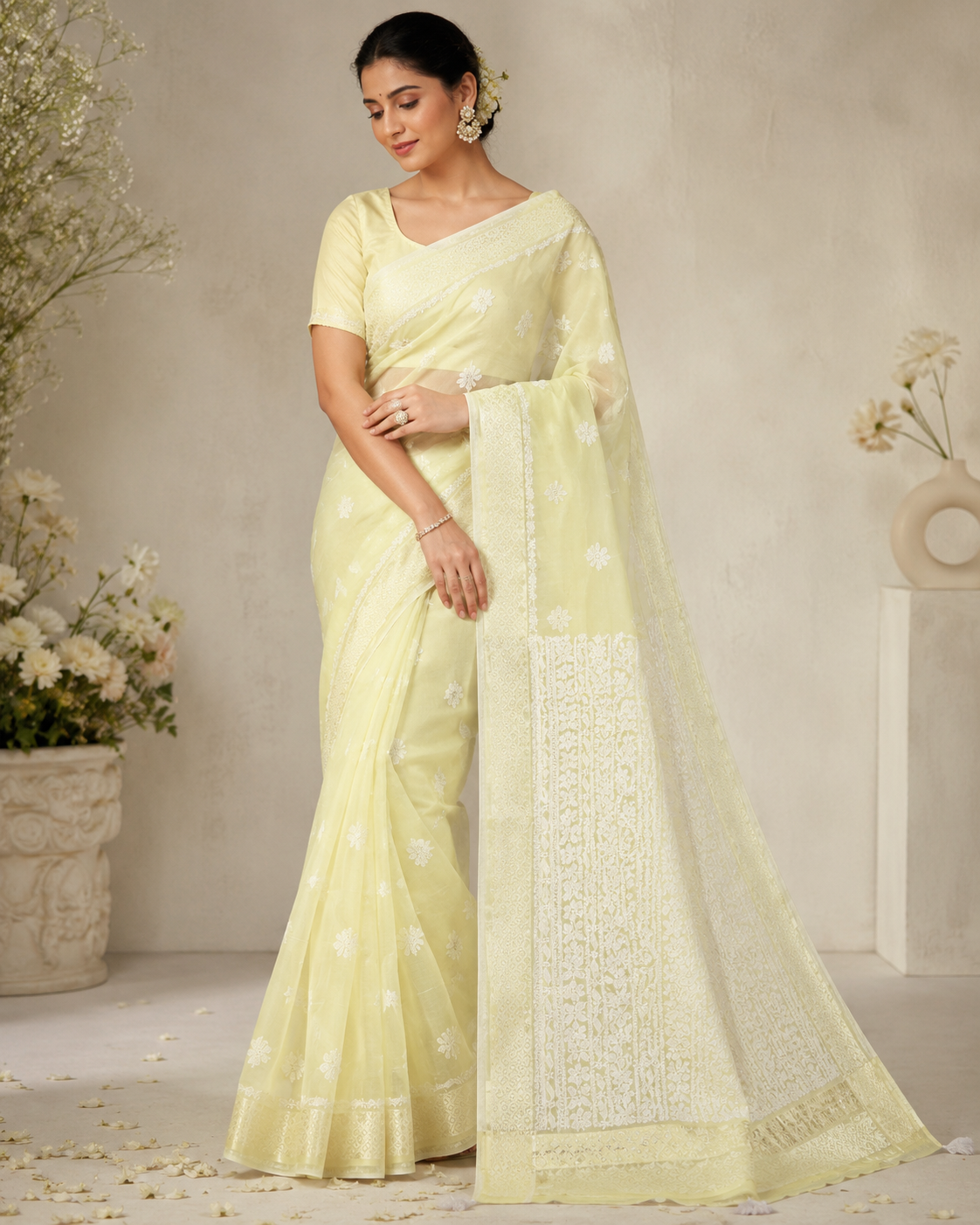 Premium Lemon Yellow Sheer Chikankari Embroidered Saree