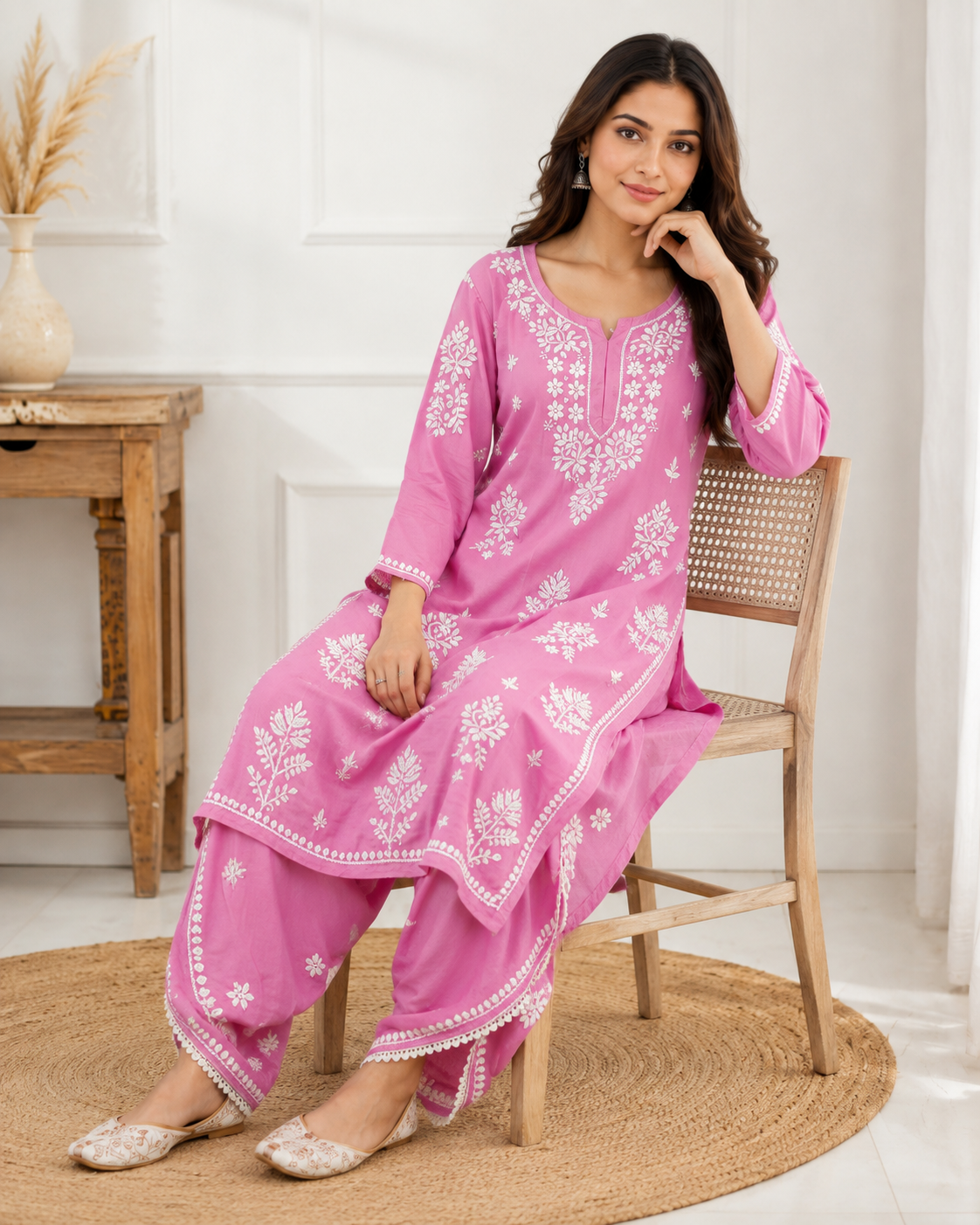 Premium Magenta Pink Rayon Chikankari Kurta & Salwar Co-ord Set