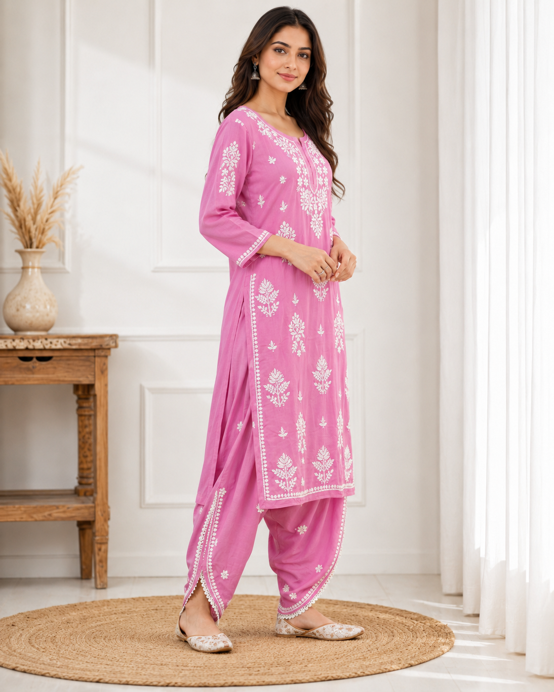 Premium Magenta Pink Rayon Chikankari Kurta & Salwar Co-ord Set