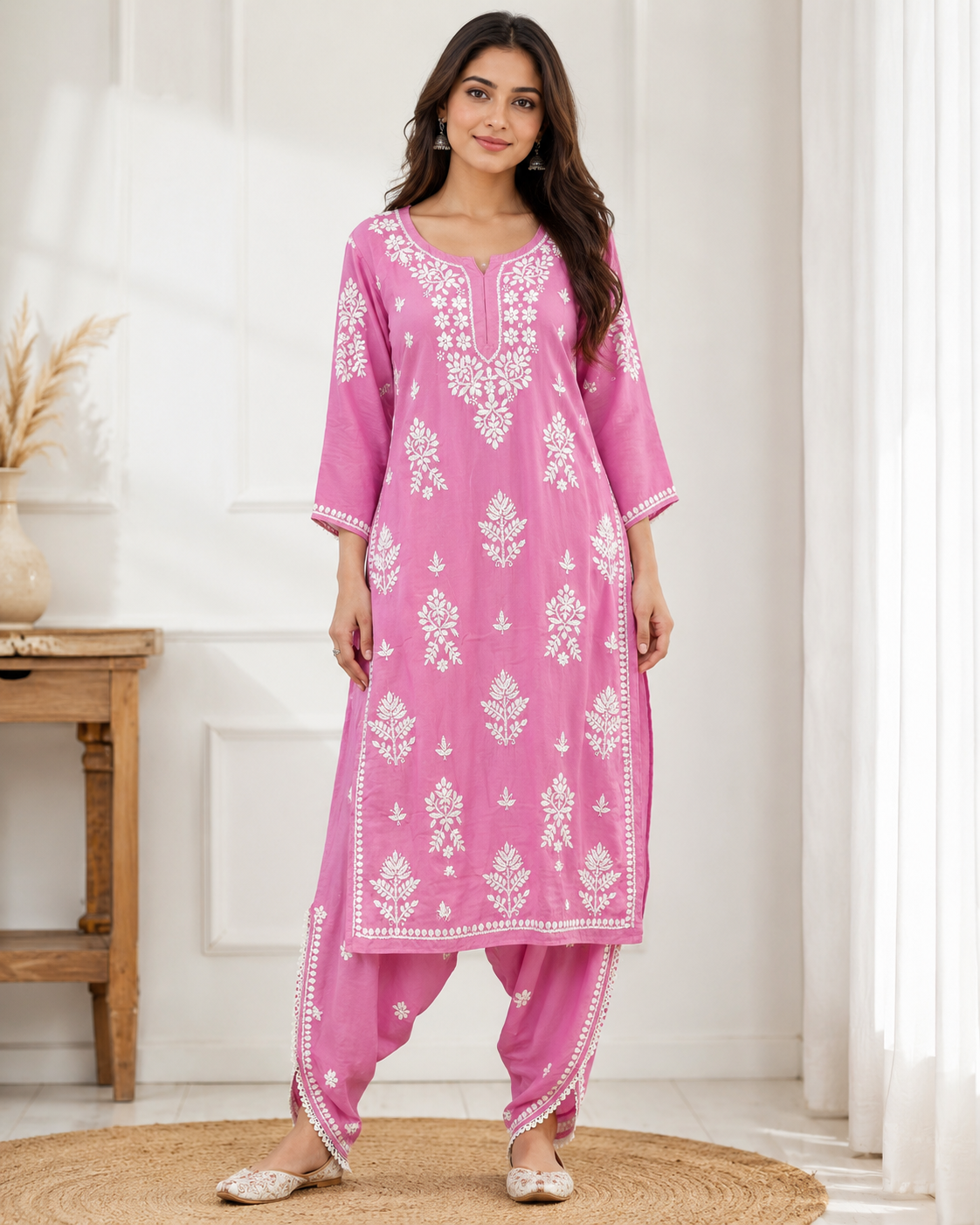 Premium Magenta Pink Rayon Chikankari Kurta & Salwar Co-ord Set