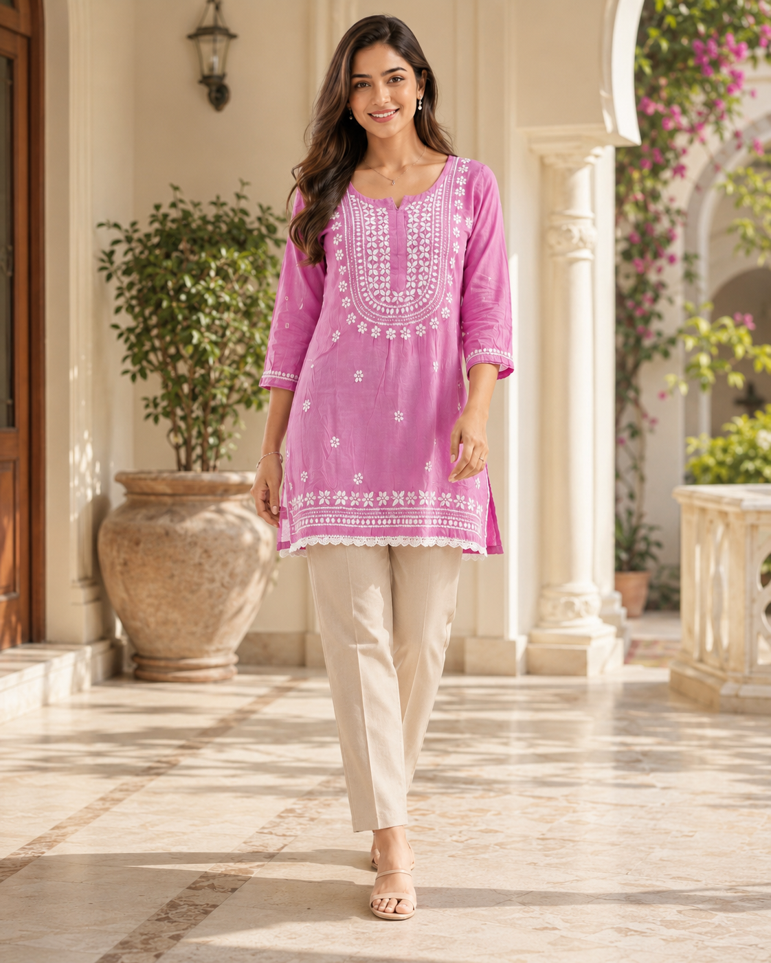 Premium Magenta Pink Rayon Chikankari Short Kurti for Women