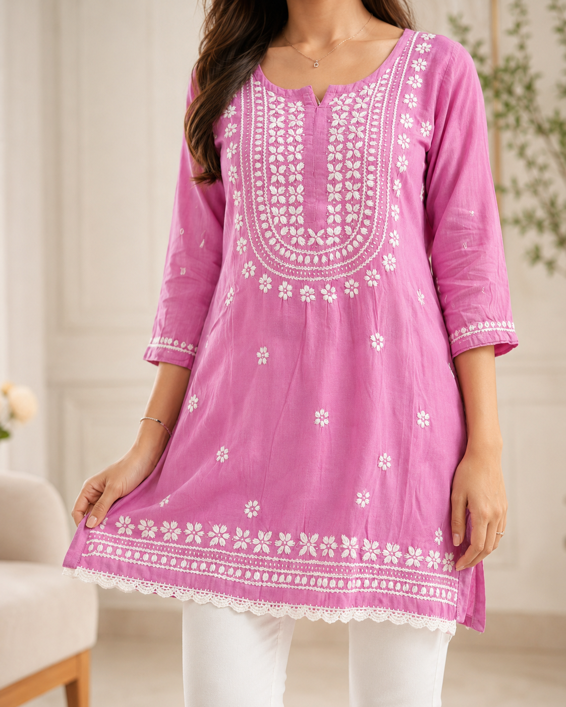 Premium Magenta Pink Rayon Chikankari Short Kurti for Women