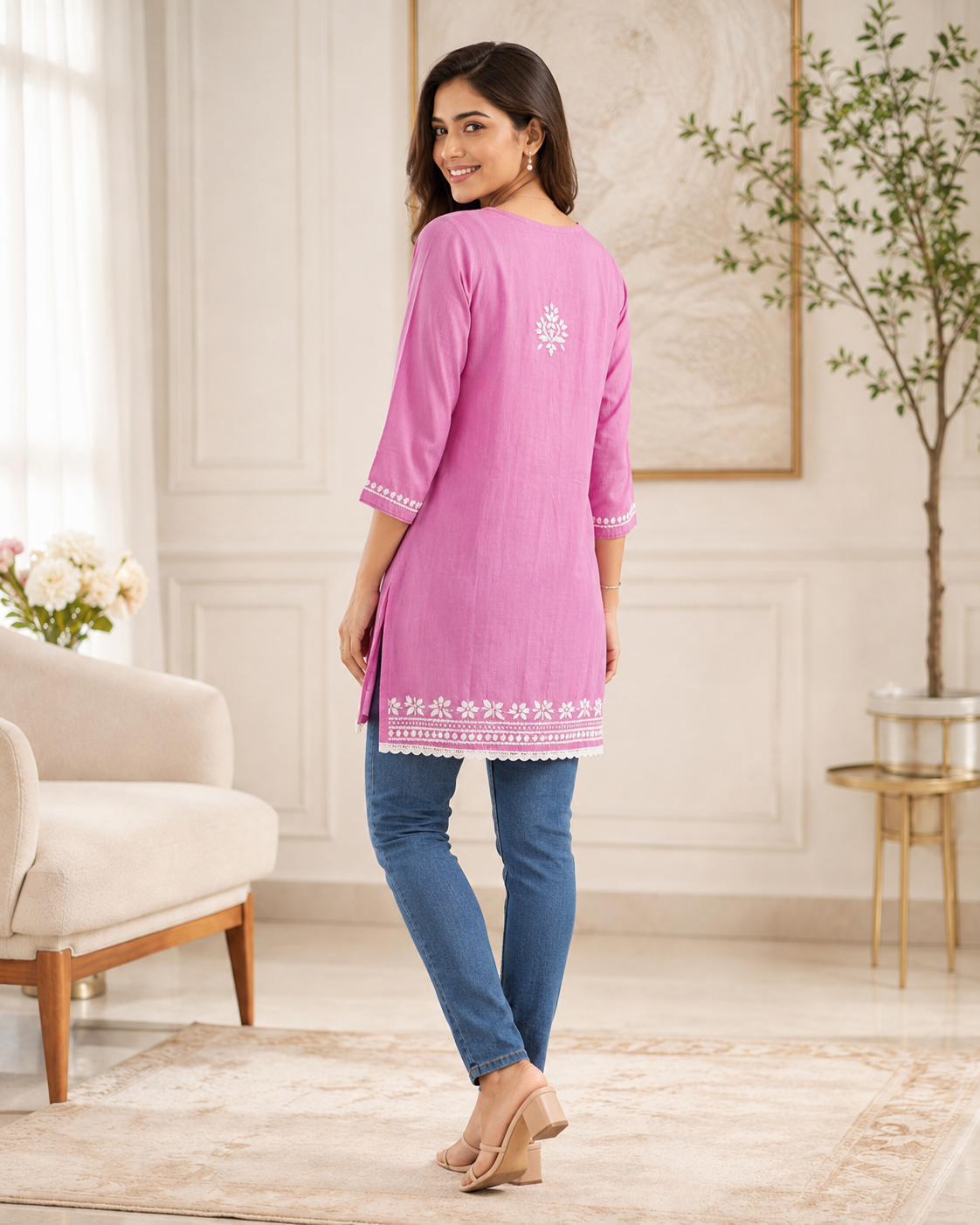 Premium Magenta Pink Rayon Chikankari Short Kurti for Women