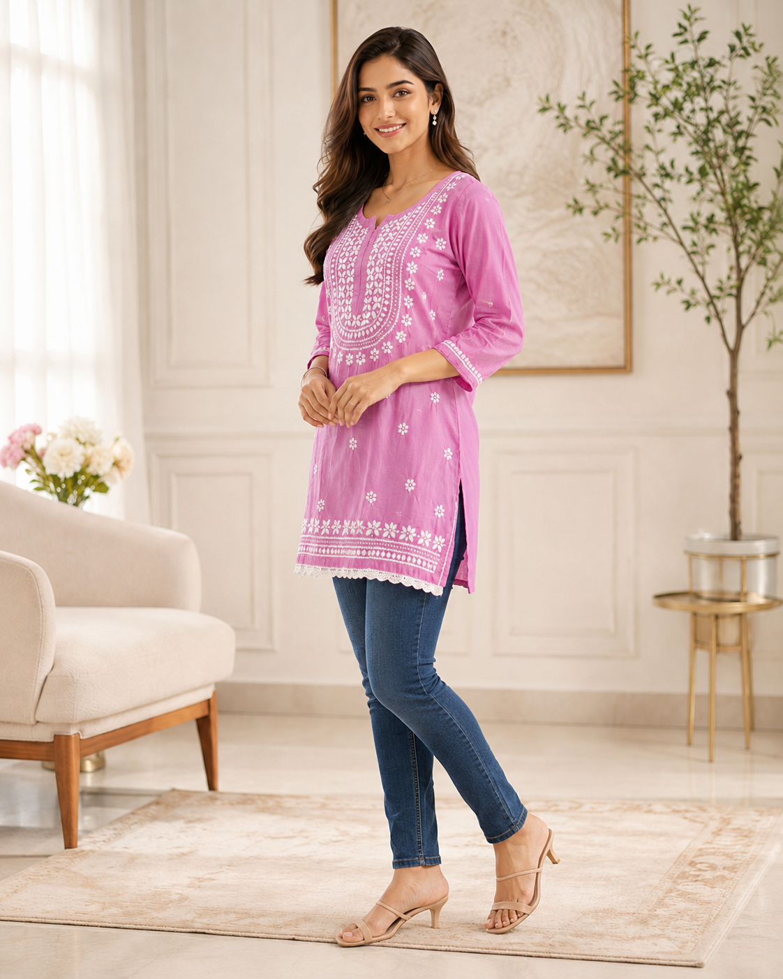 Premium Magenta Pink Rayon Chikankari Short Kurti for Women