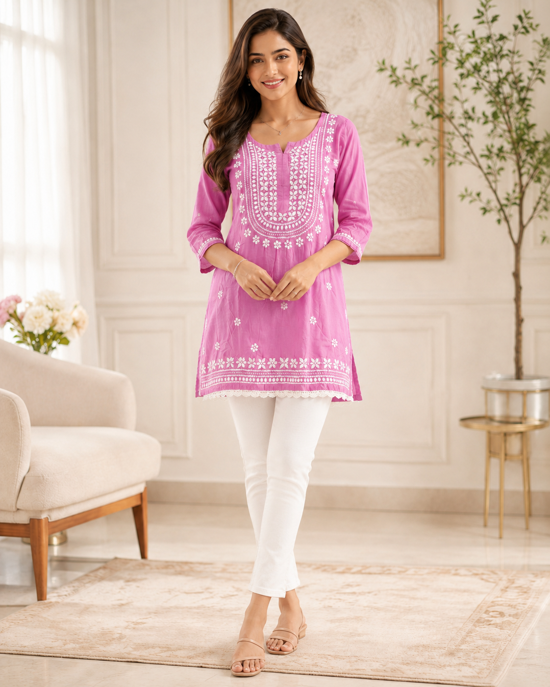 Premium Magenta Pink Rayon Chikankari Short Kurti for Women