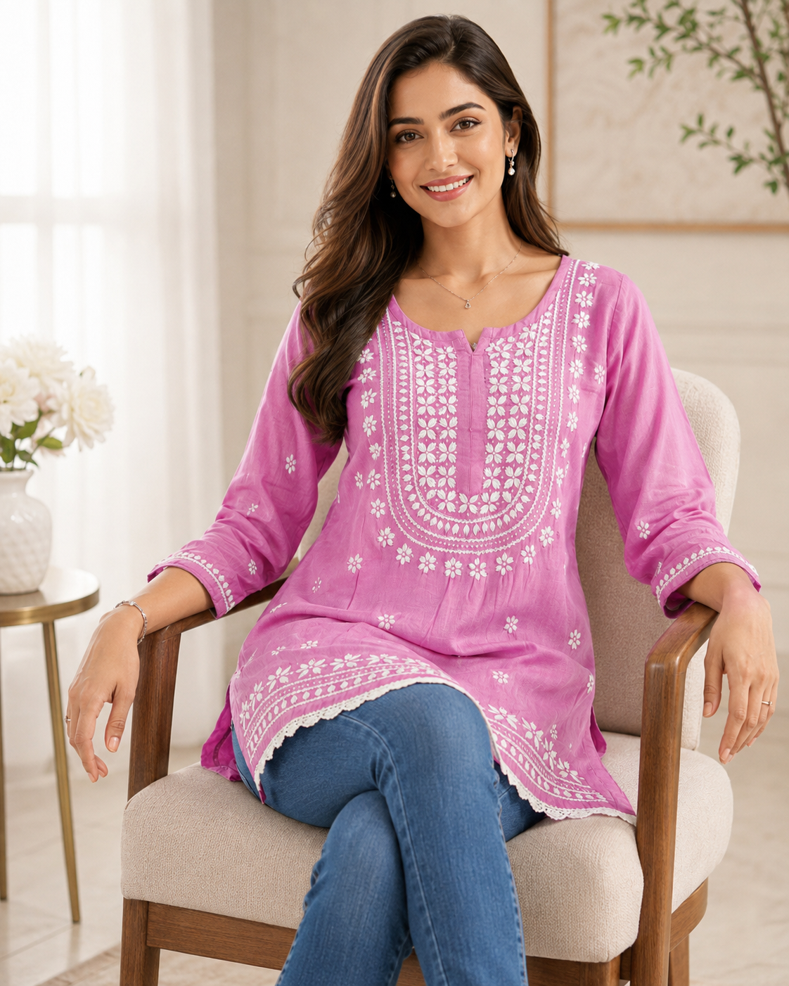 Premium Magenta Pink Rayon Chikankari Short Kurti for Women