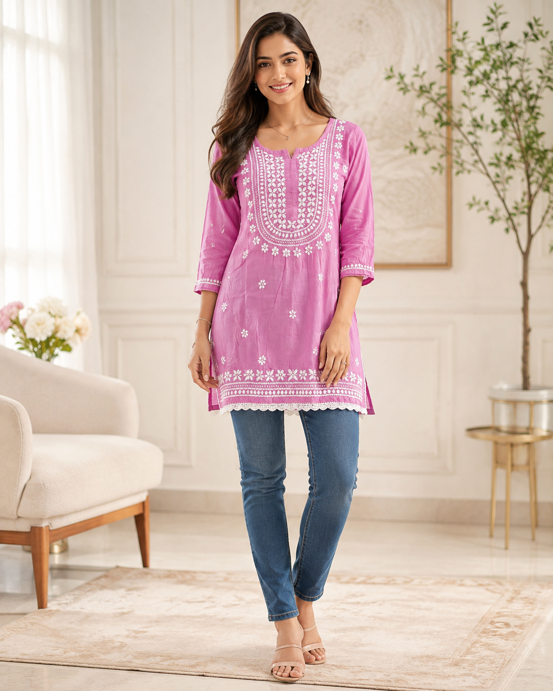 Premium Magenta Pink Rayon Chikankari Short Kurti for Women