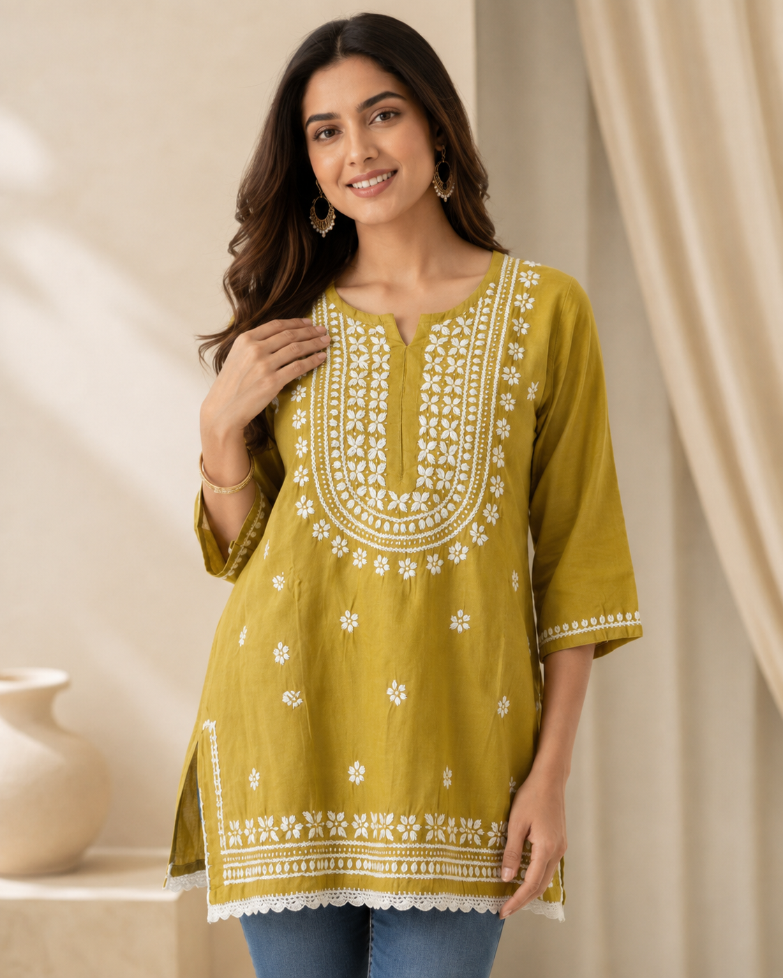 Premium Mustard Yellow Rayon Chikankari Short Kurti for Women