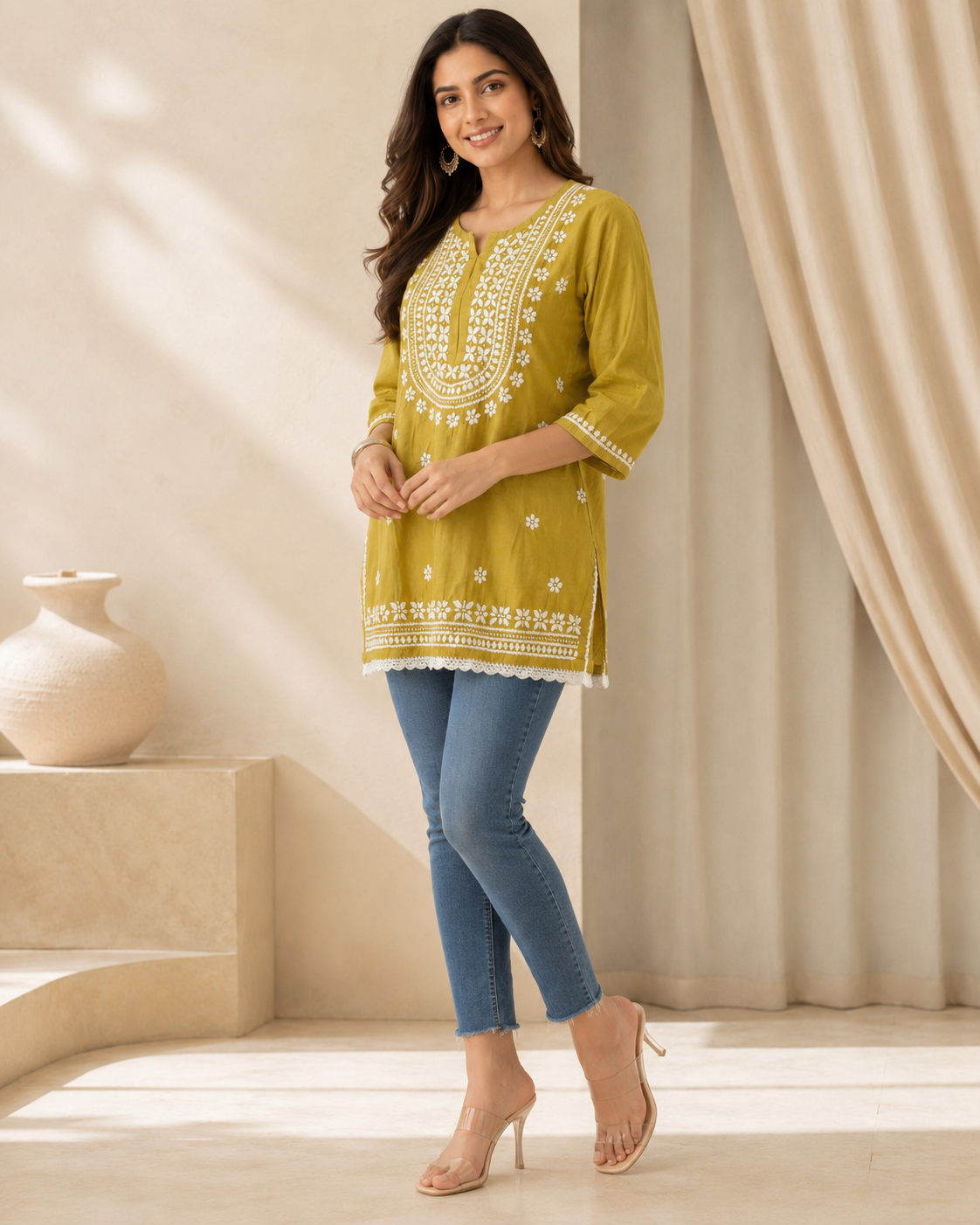 Premium Mustard Yellow Rayon Chikankari Short Kurti for Women