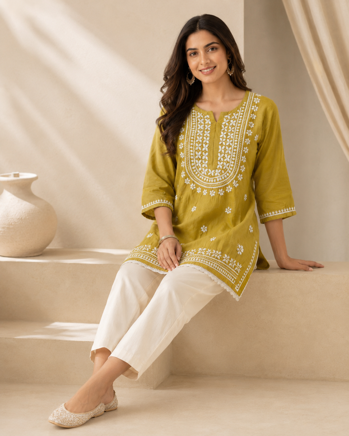 Premium Mustard Yellow Rayon Chikankari Short Kurti for Women