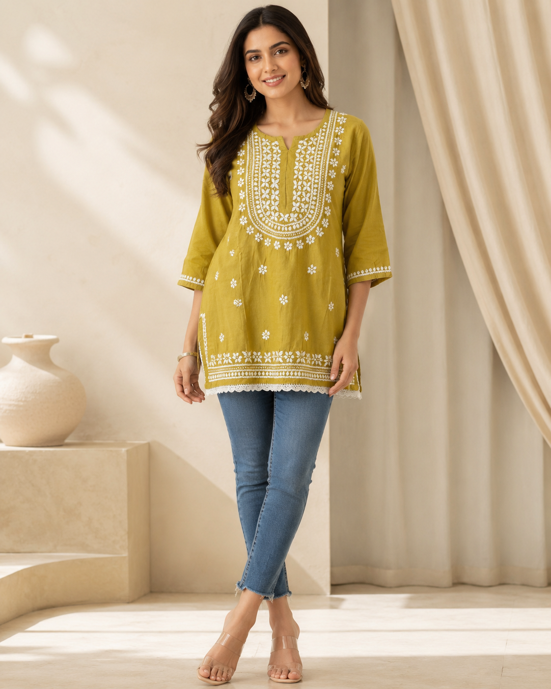 Premium Mustard Yellow Rayon Chikankari Short Kurti for Women