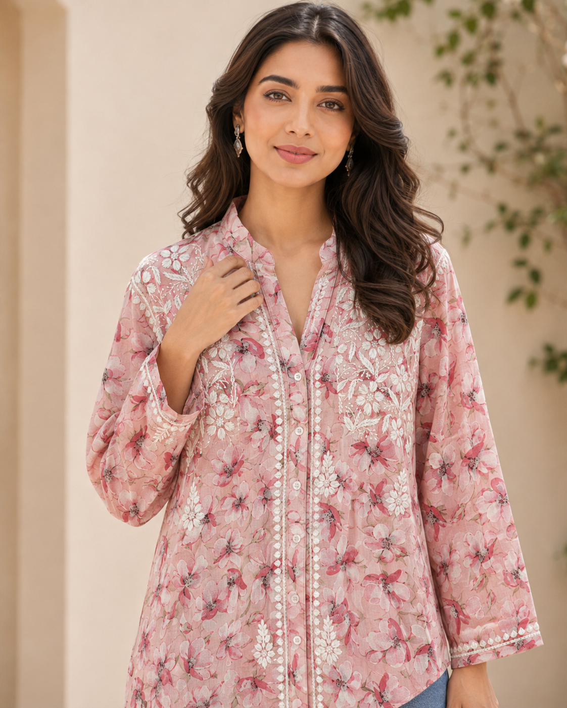 Premium Pink Floral Printed Mulmul Cotton Embroidered Kurti