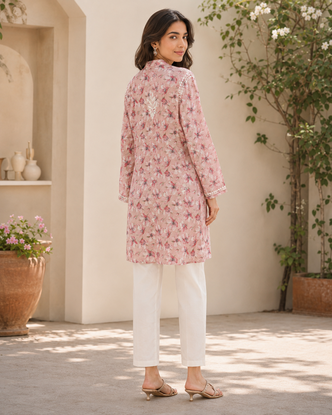 Premium Pink Floral Printed Mulmul Cotton Embroidered Kurti