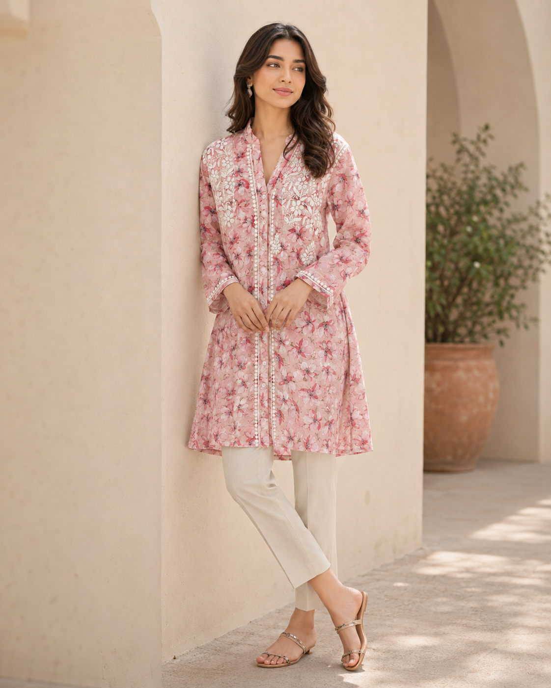 Premium Pink Floral Printed Mulmul Cotton Embroidered Kurti