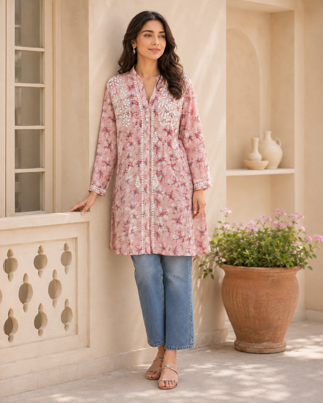 Premium Pink Floral Printed Mulmul Cotton Embroidered Kurti