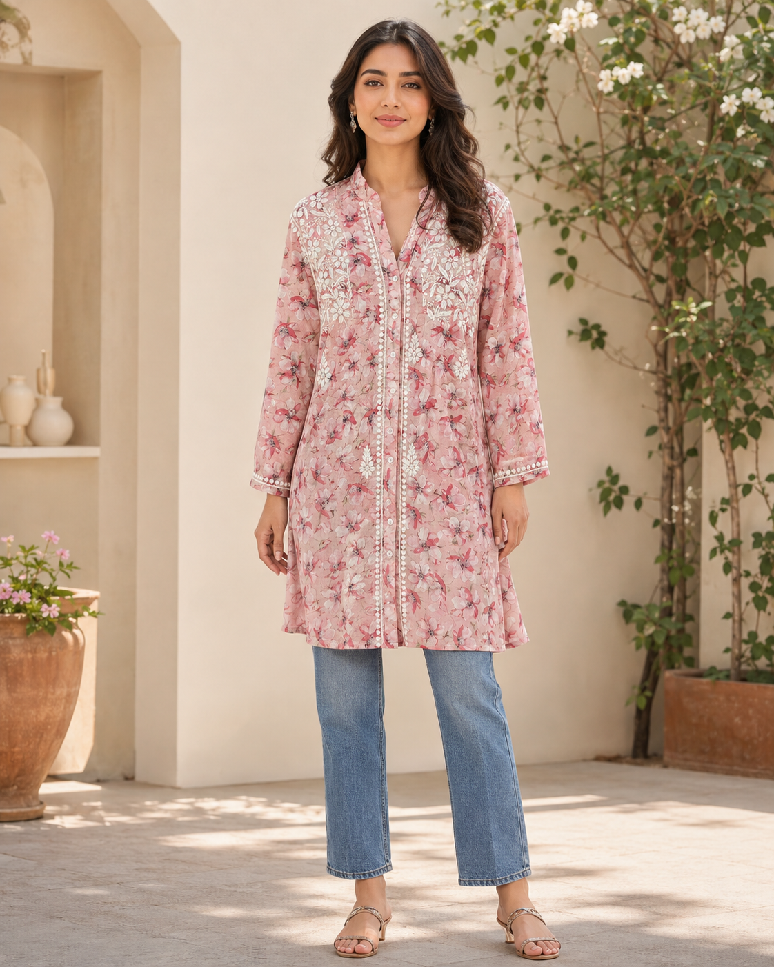 Premium Pink Floral Printed Mulmul Cotton Embroidered Kurti
