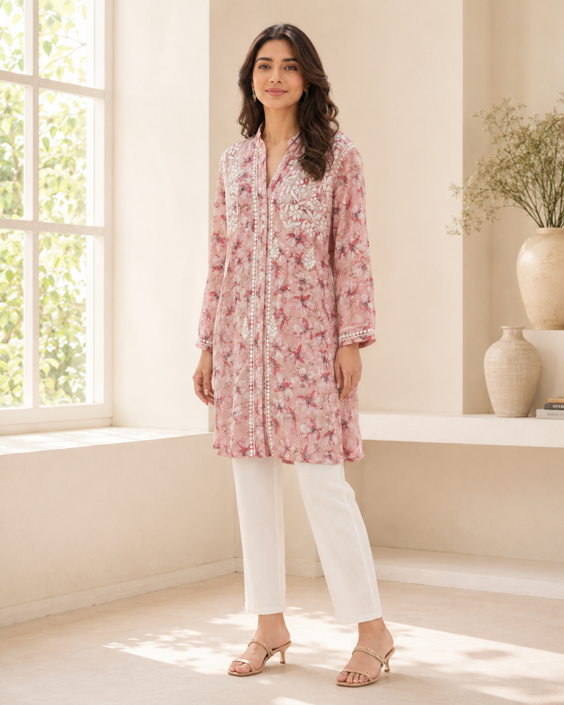 Premium Pink Floral Printed Mulmul Cotton Embroidered Kurti
