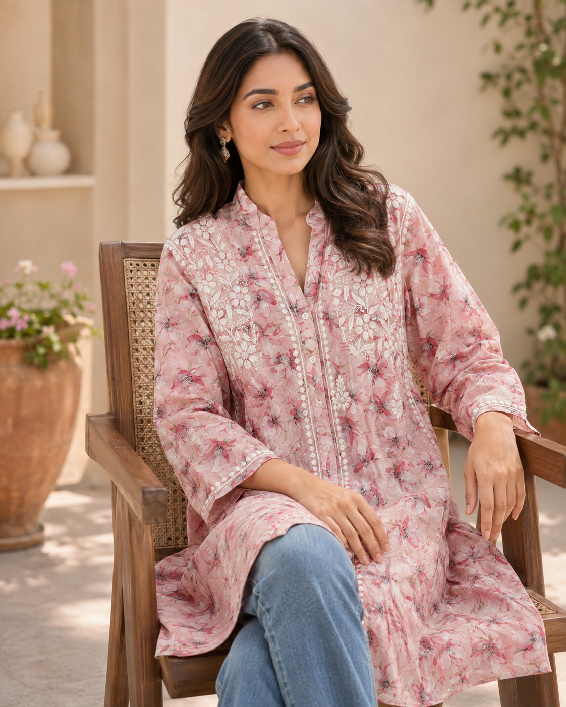 Premium Pink Floral Printed Mulmul Cotton Embroidered Kurti