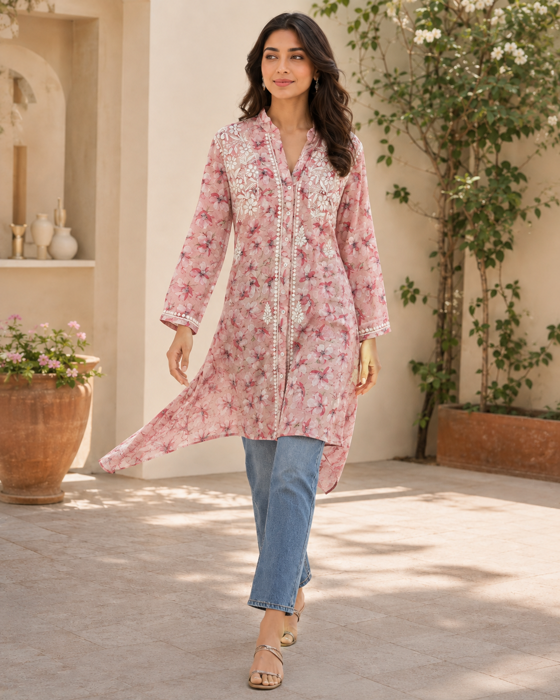 Premium Pink Floral Printed Mulmul Cotton Embroidered Kurti