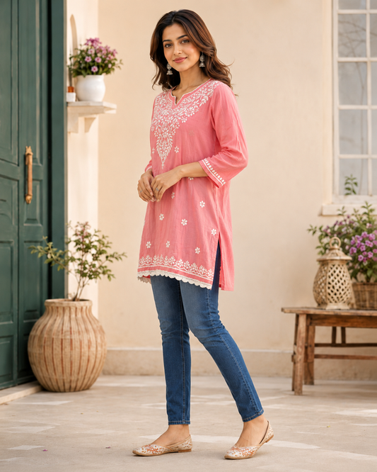 Premium Pink Modal Chikankari Short Kurti for Women