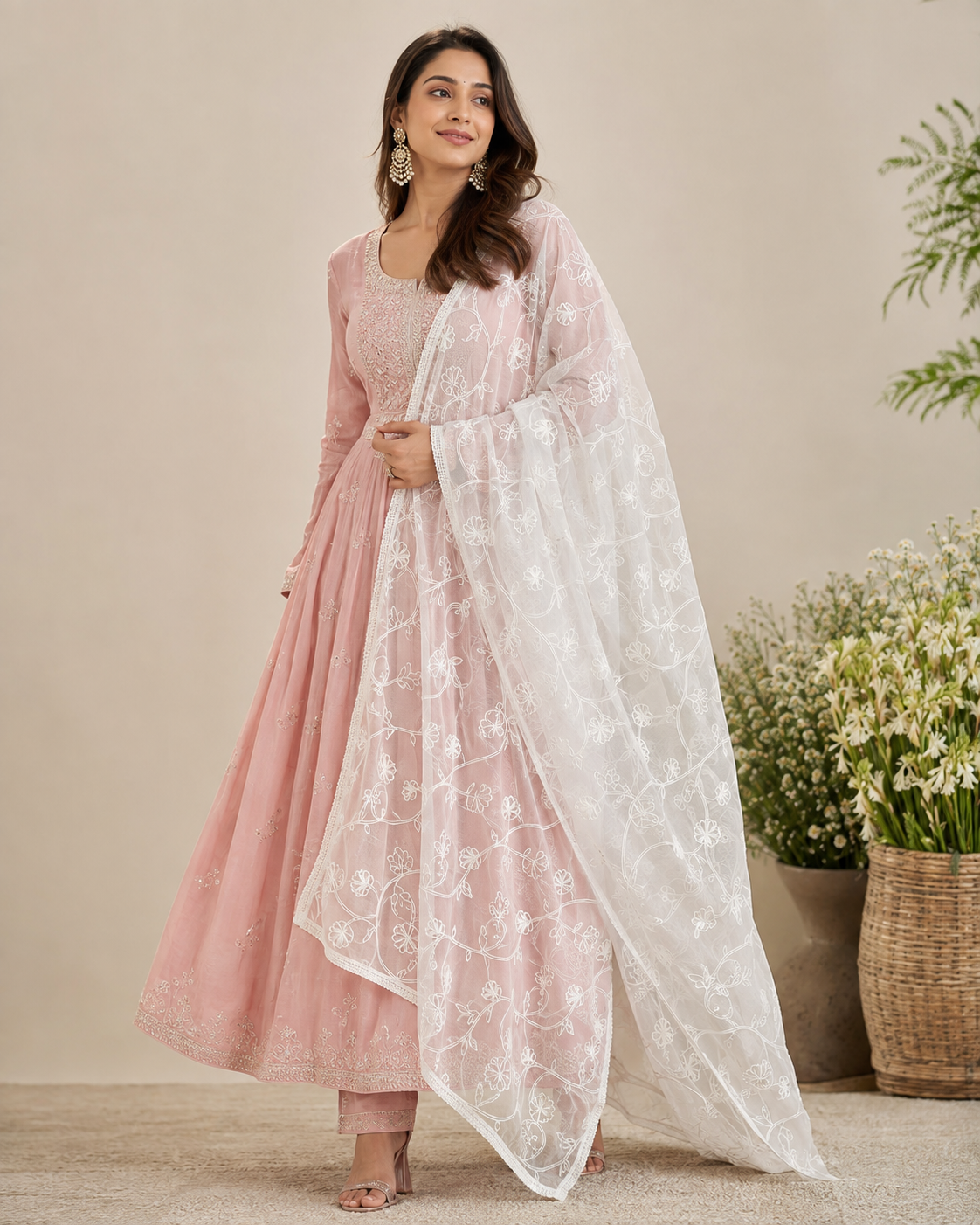 Elegant White Lucknowi Chikankari Floral Embroidered Dupatta