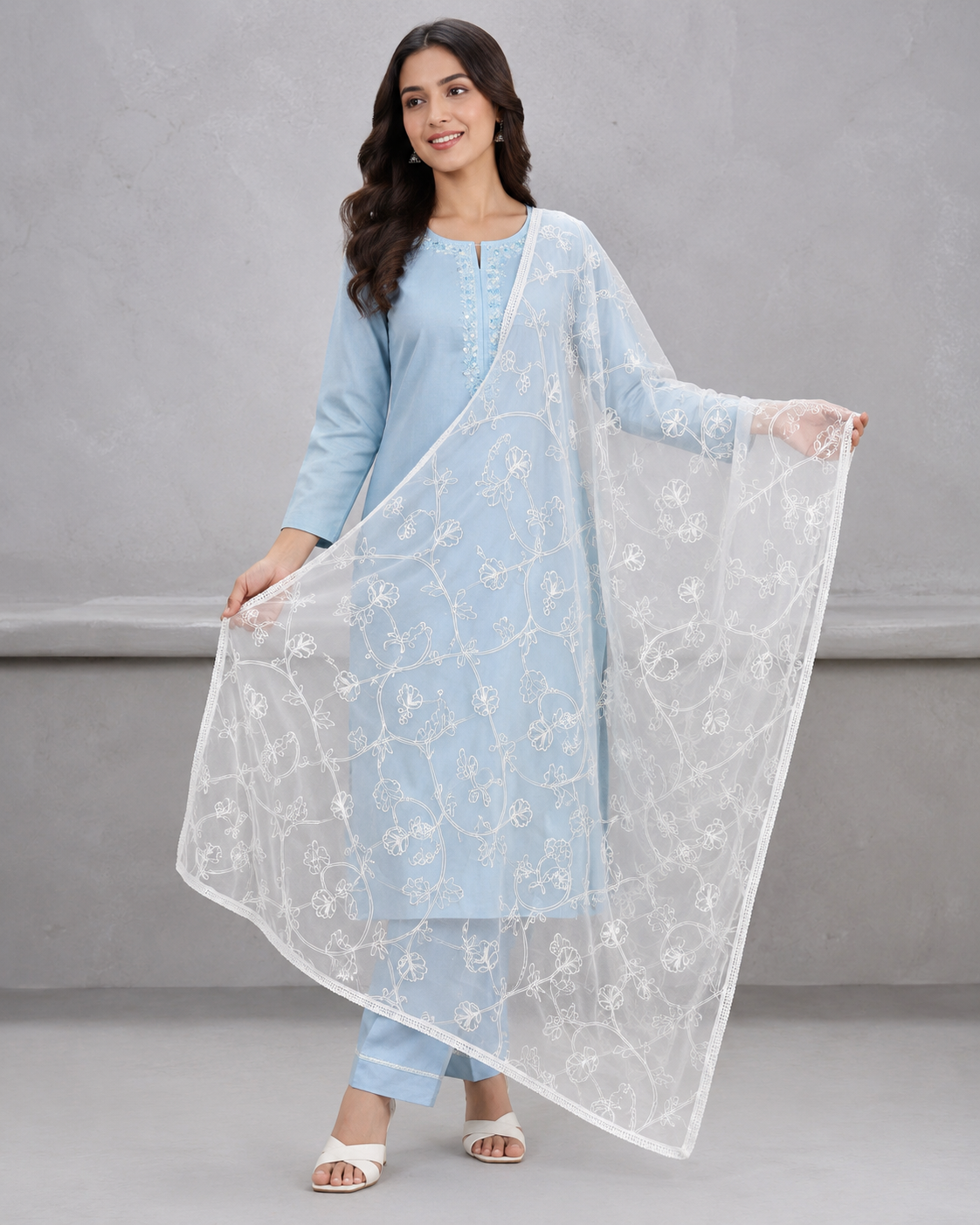 Elegant White Lucknowi Chikankari Floral Embroidered Dupatta