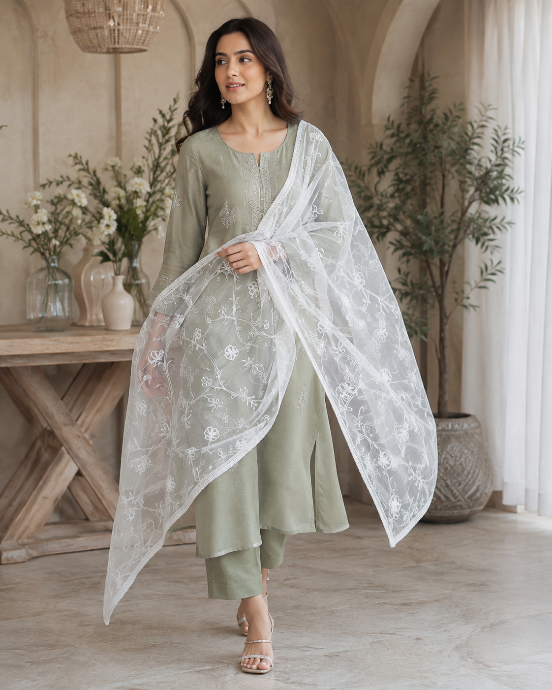 Elegant White Lucknowi Chikankari Floral Embroidered Dupatta