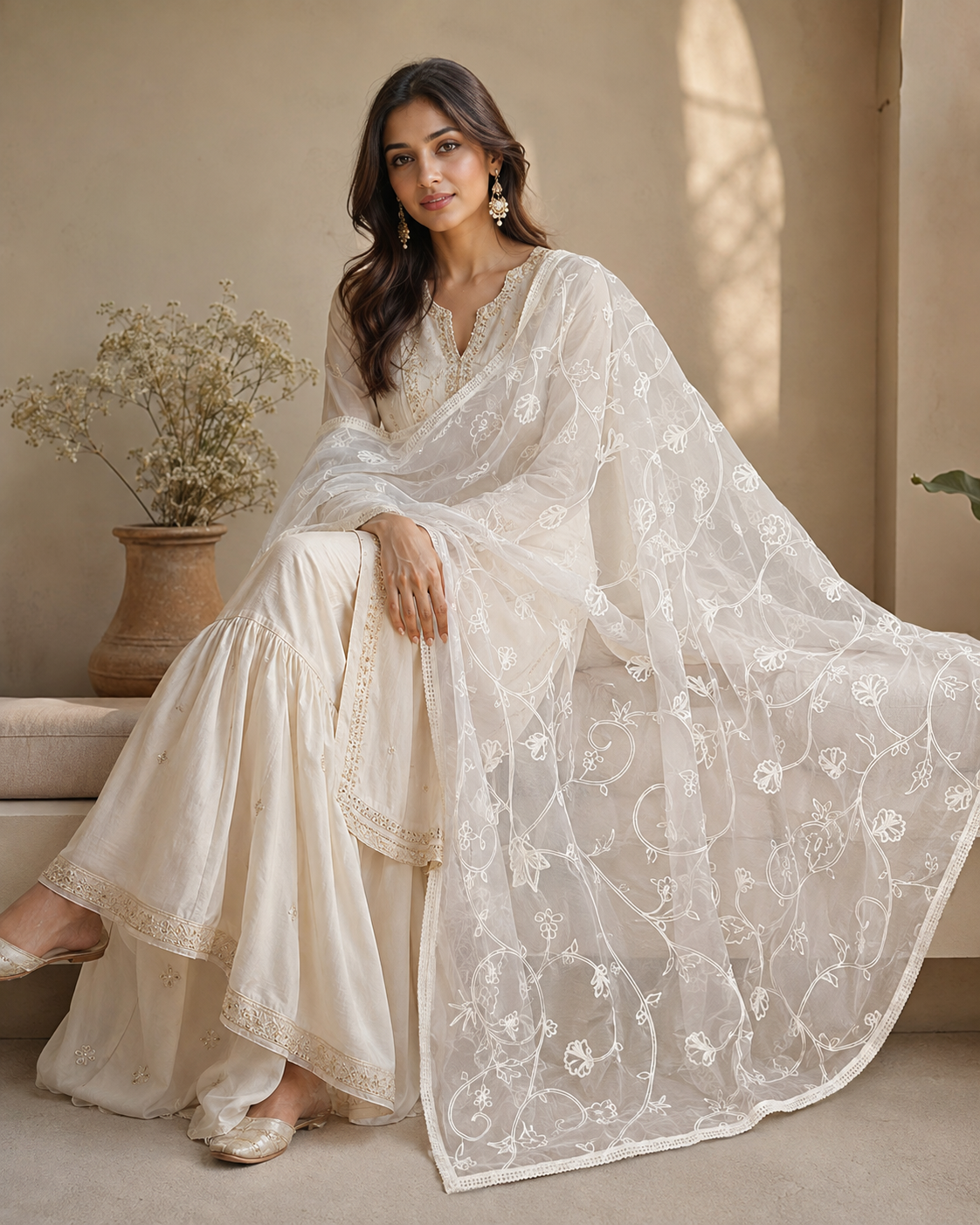 Elegant White Lucknowi Chikankari Floral Embroidered Dupatta
