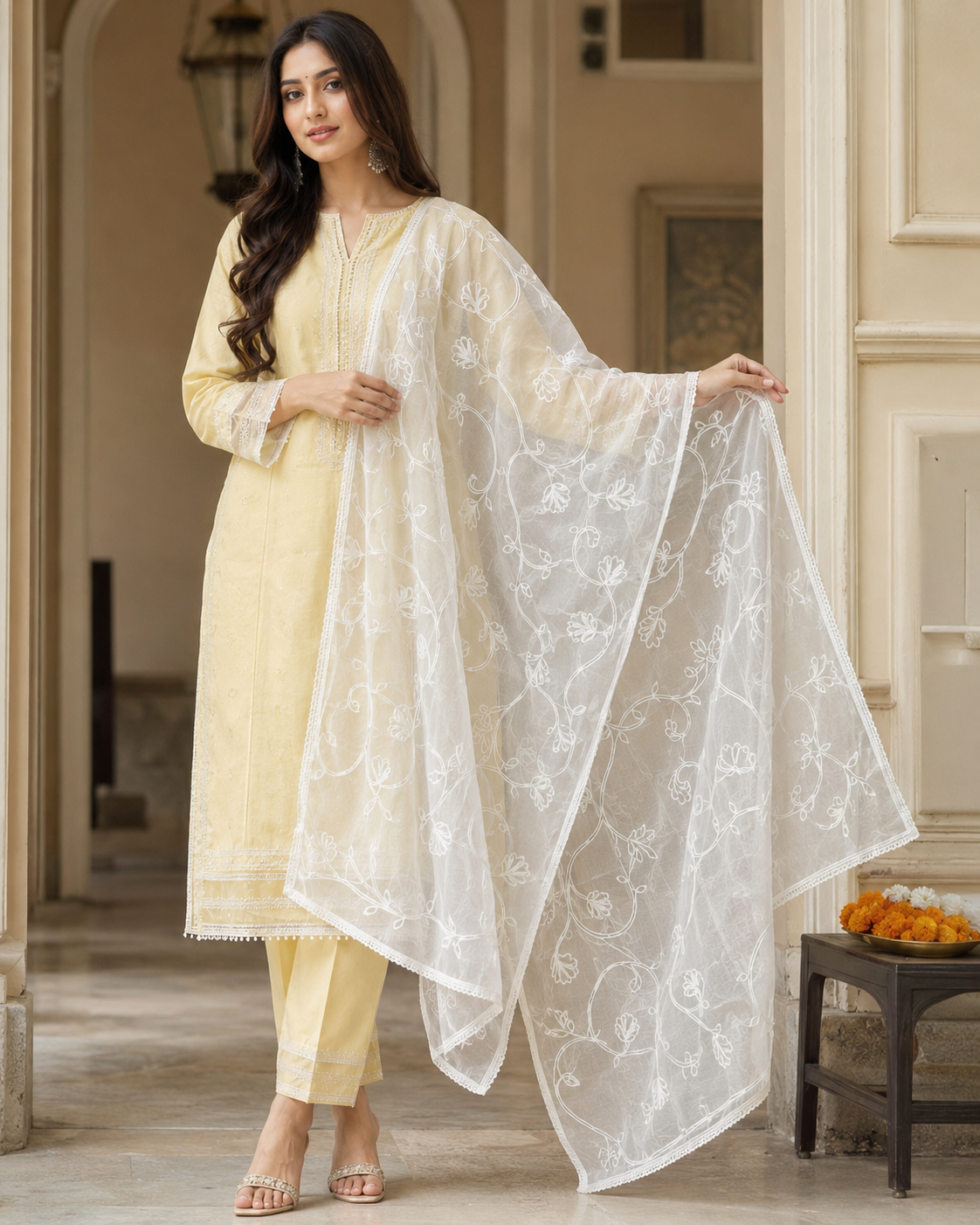 Elegant White Lucknowi Chikankari Floral Embroidered Dupatta
