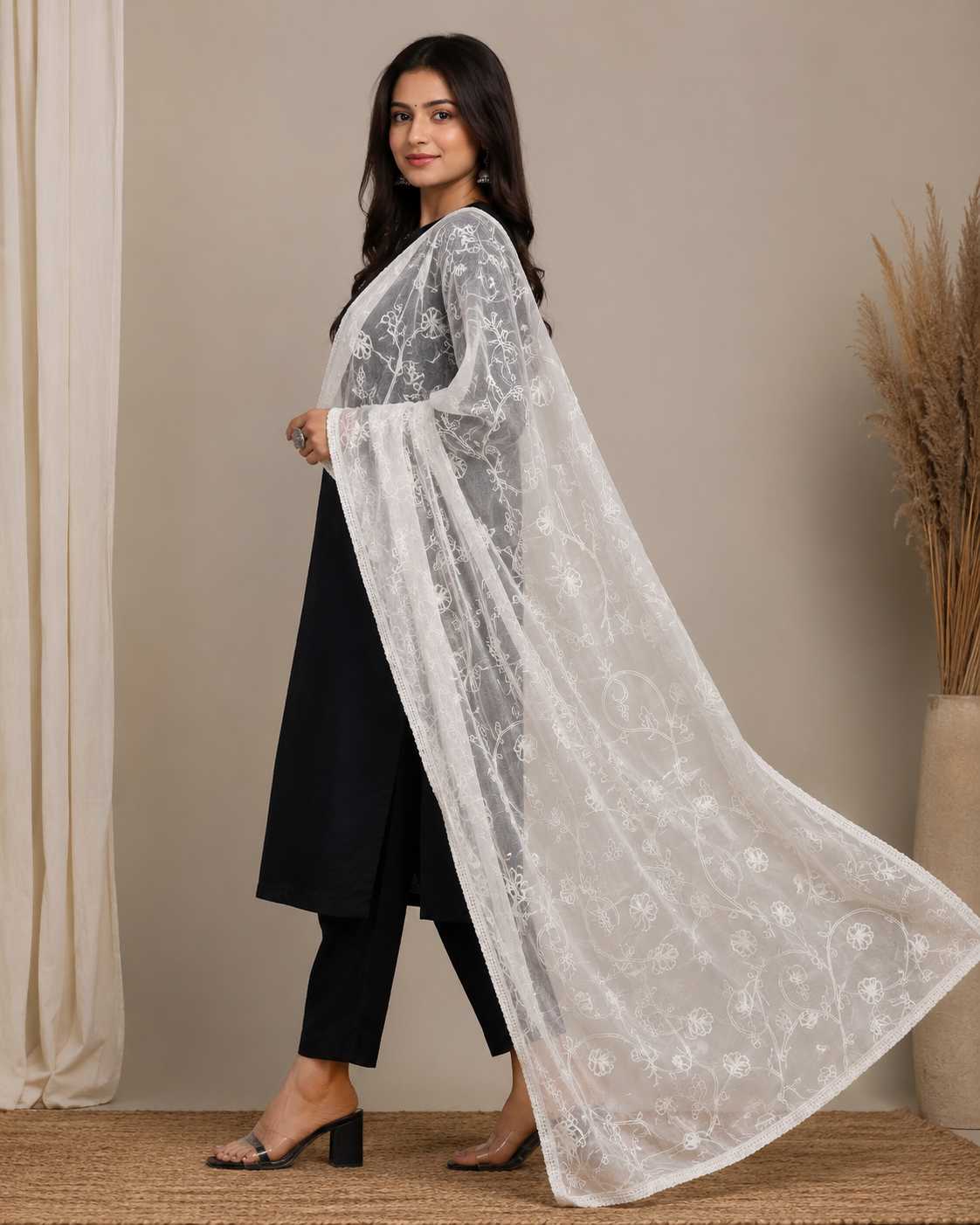 Elegant White Lucknowi Chikankari Floral Embroidered Dupatta