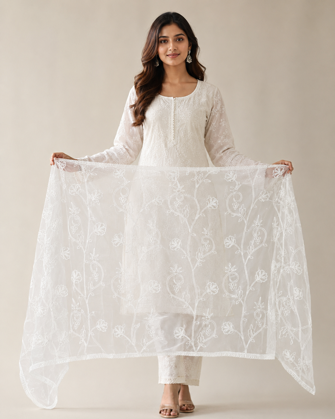 Elegant White Lucknowi Chikankari Floral Embroidered Dupatta