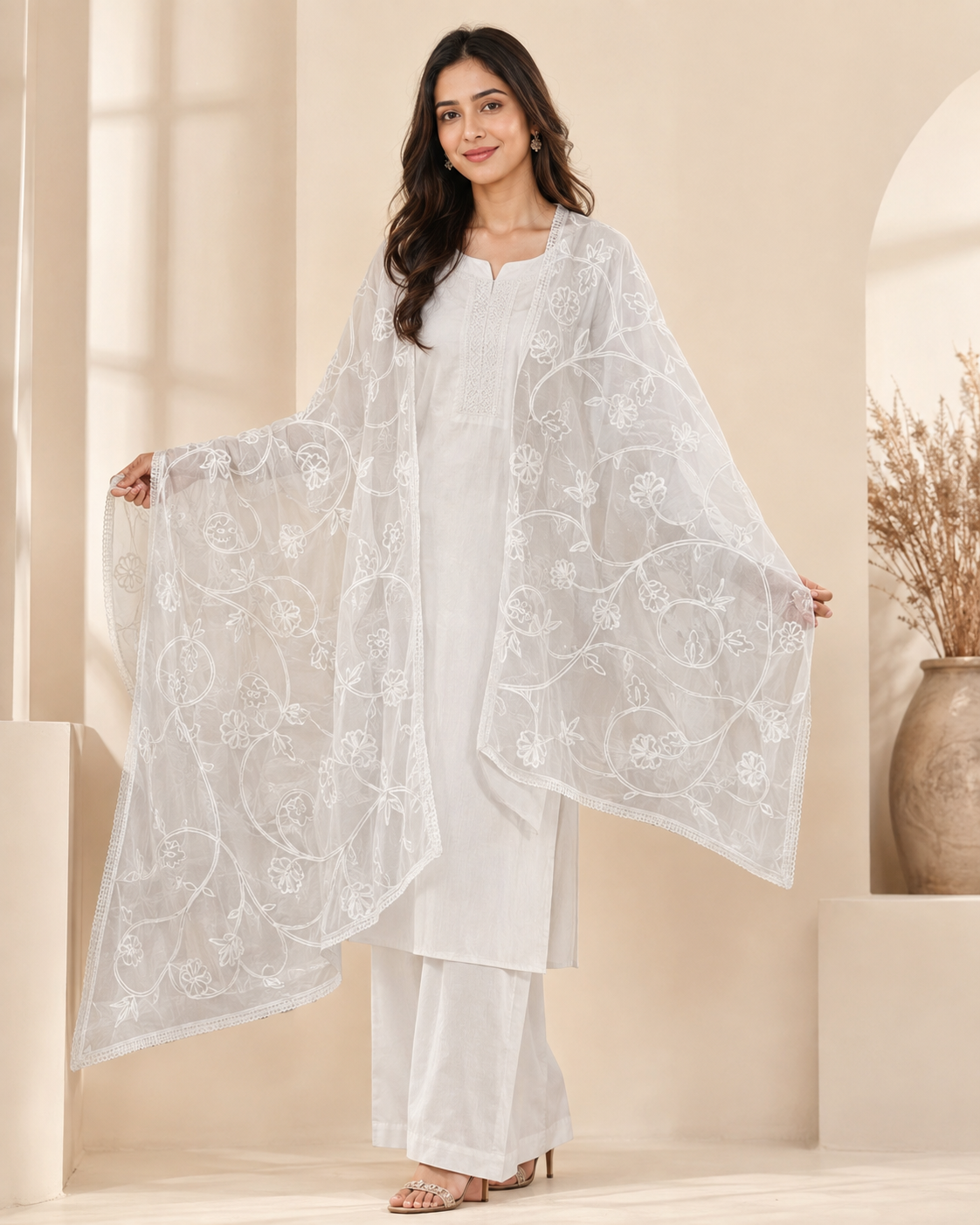Elegant White Lucknowi Chikankari Floral Embroidered Dupatta