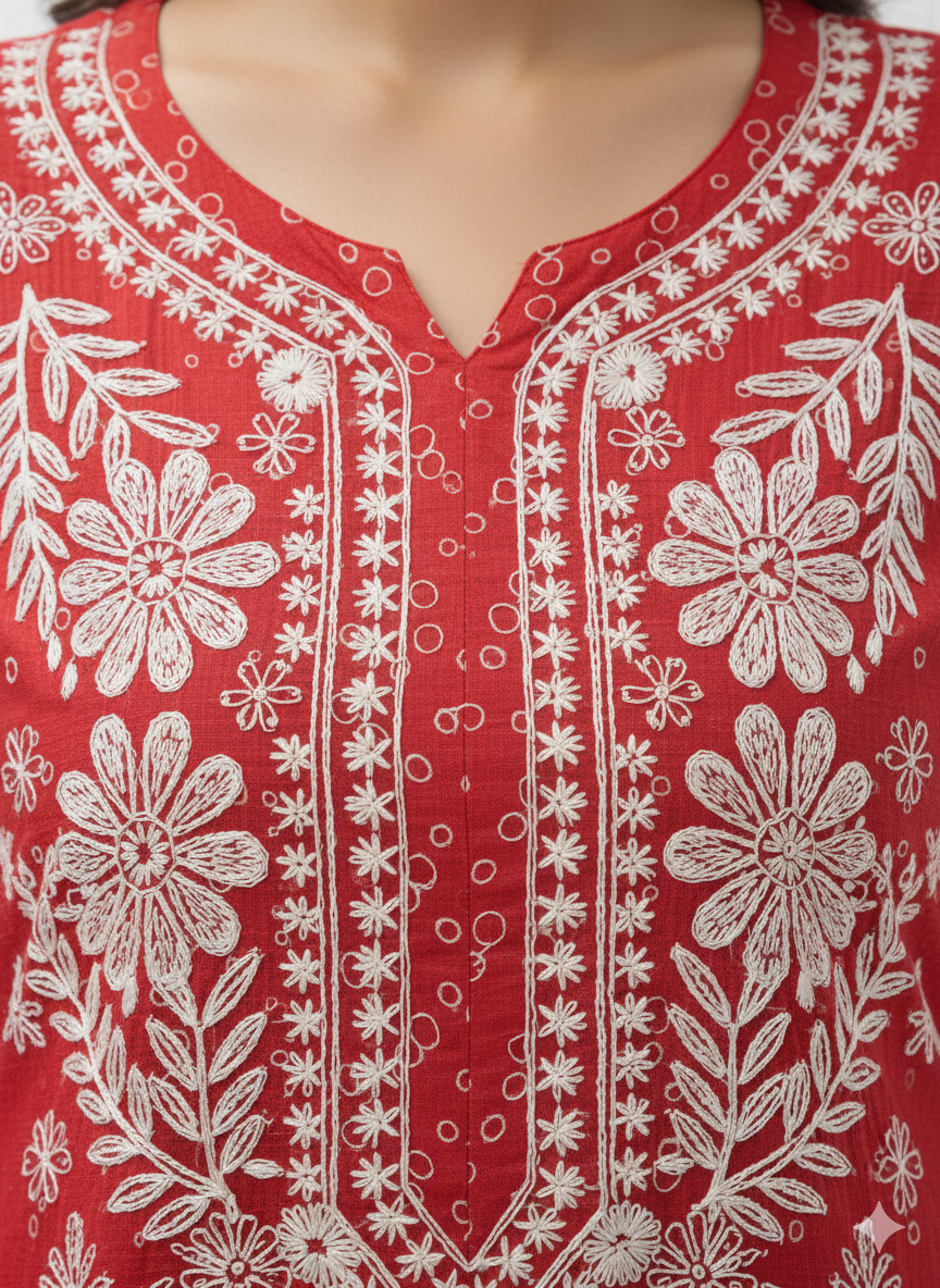 "Red Modal Chikankari Kurti with White Hand Embroidery | Elegant Lucknowi Ethnic Wear for Women"