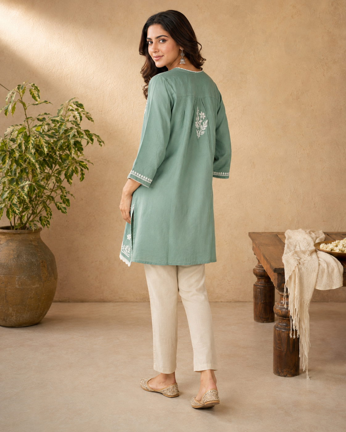 Premium Sage Green Modal Chikankari Short Kurti | Lucknow Best Chikankari