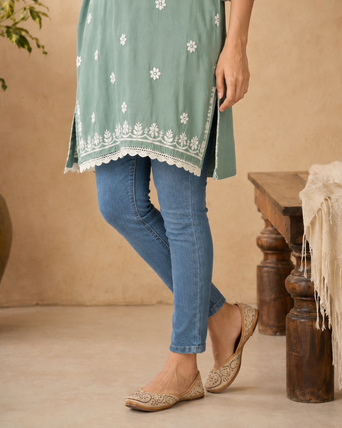 Premium Sage Green Modal Chikankari Short Kurti | Lucknow Best Chikankari