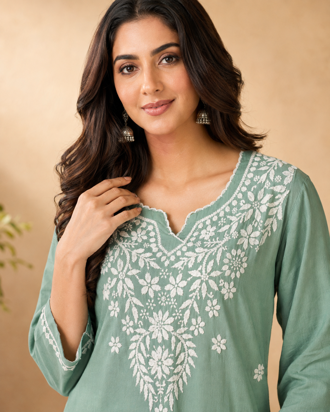 Premium Sage Green Modal Chikankari Short Kurti | Lucknow Best Chikankari