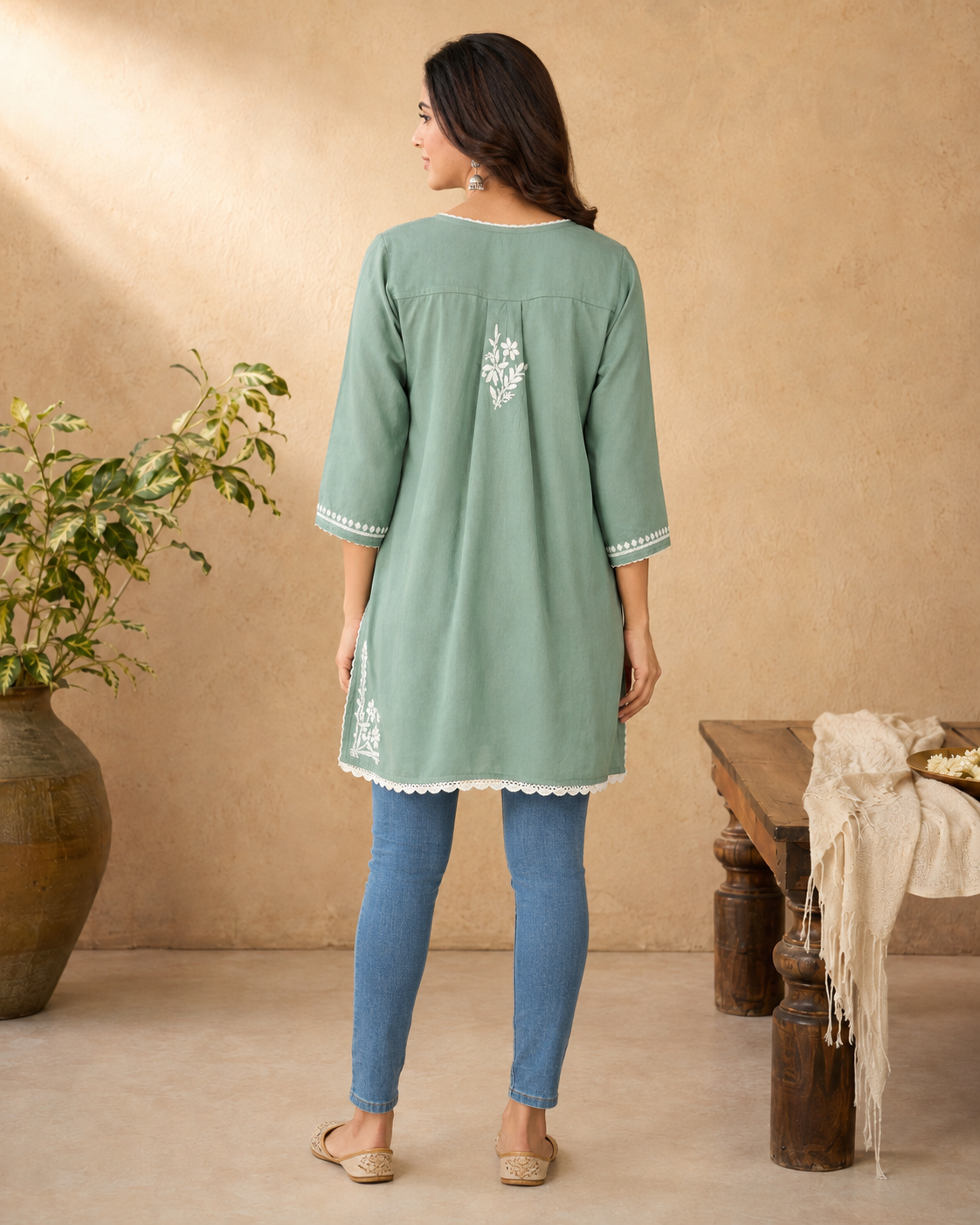 Premium Sage Green Modal Chikankari Short Kurti | Lucknow Best Chikankari