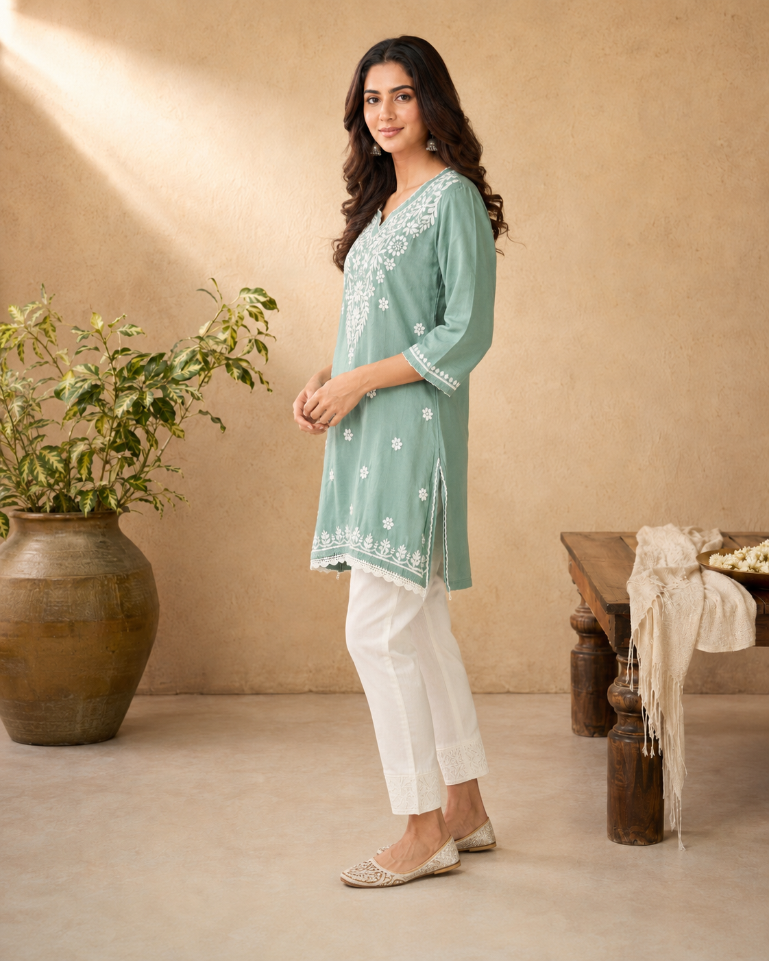 Premium Sage Green Modal Chikankari Short Kurti | Lucknow Best Chikankari