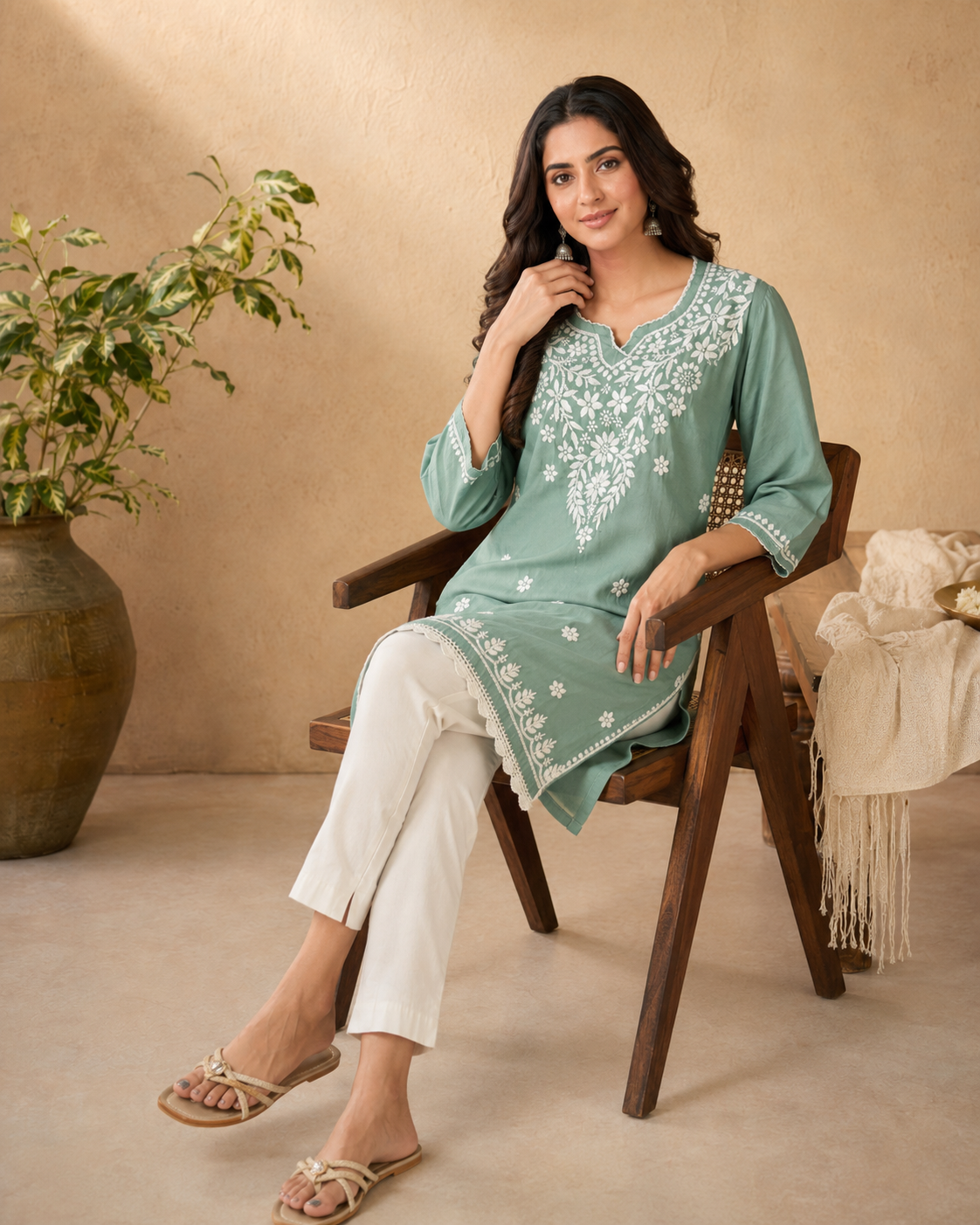 Premium Sage Green Modal Chikankari Short Kurti | Lucknow Best Chikankari
